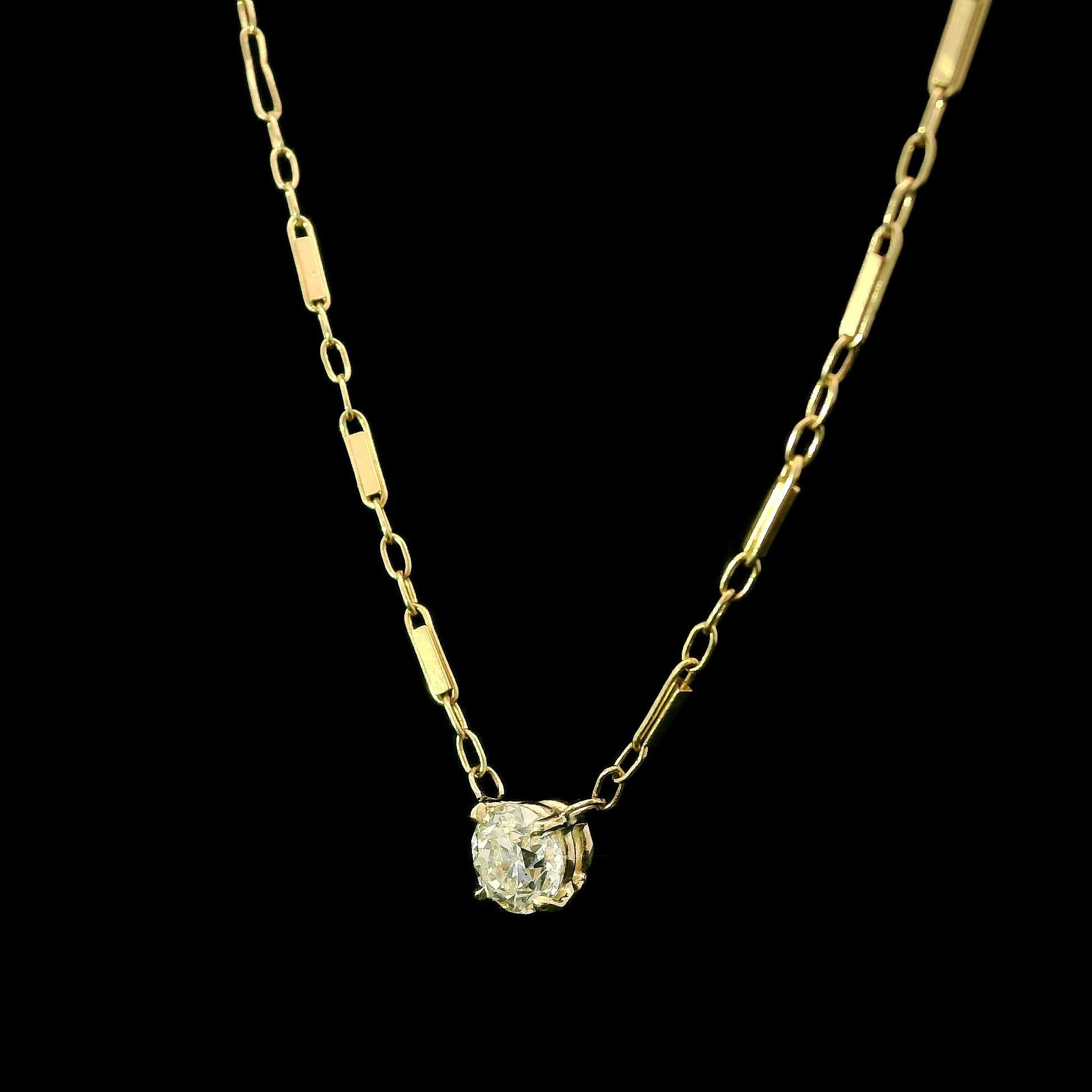 Collar Colgante Solitario Antiguo Diamante Europeo de Oro Amarillo 14k 0,45ctw en Excelente estado para la venta en Montclair, NJ
