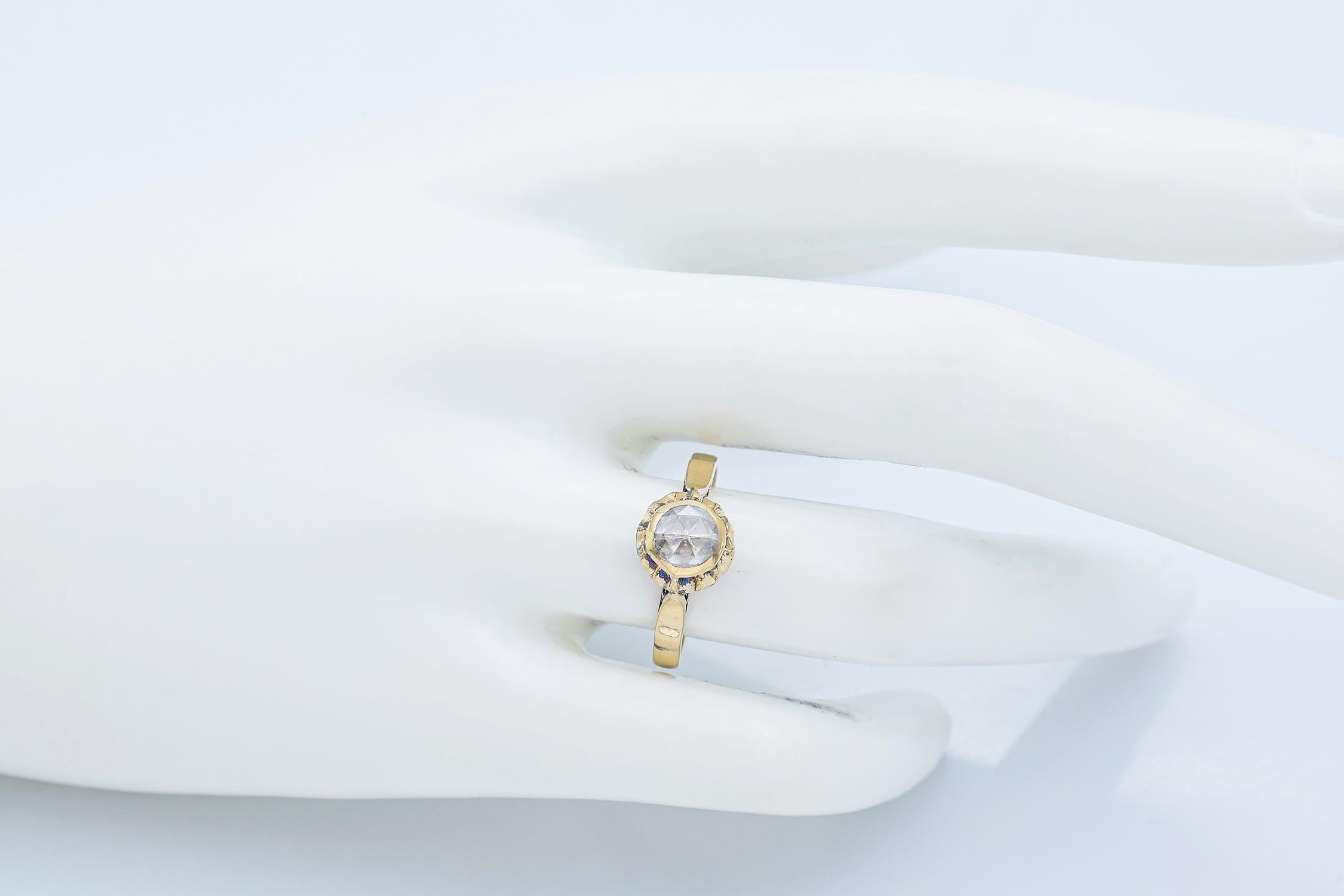 Anillo de compromiso con banda de diamantes talla rosa en oro amarillo antiguo de 14k de 0,50 ct Corte rosa en venta