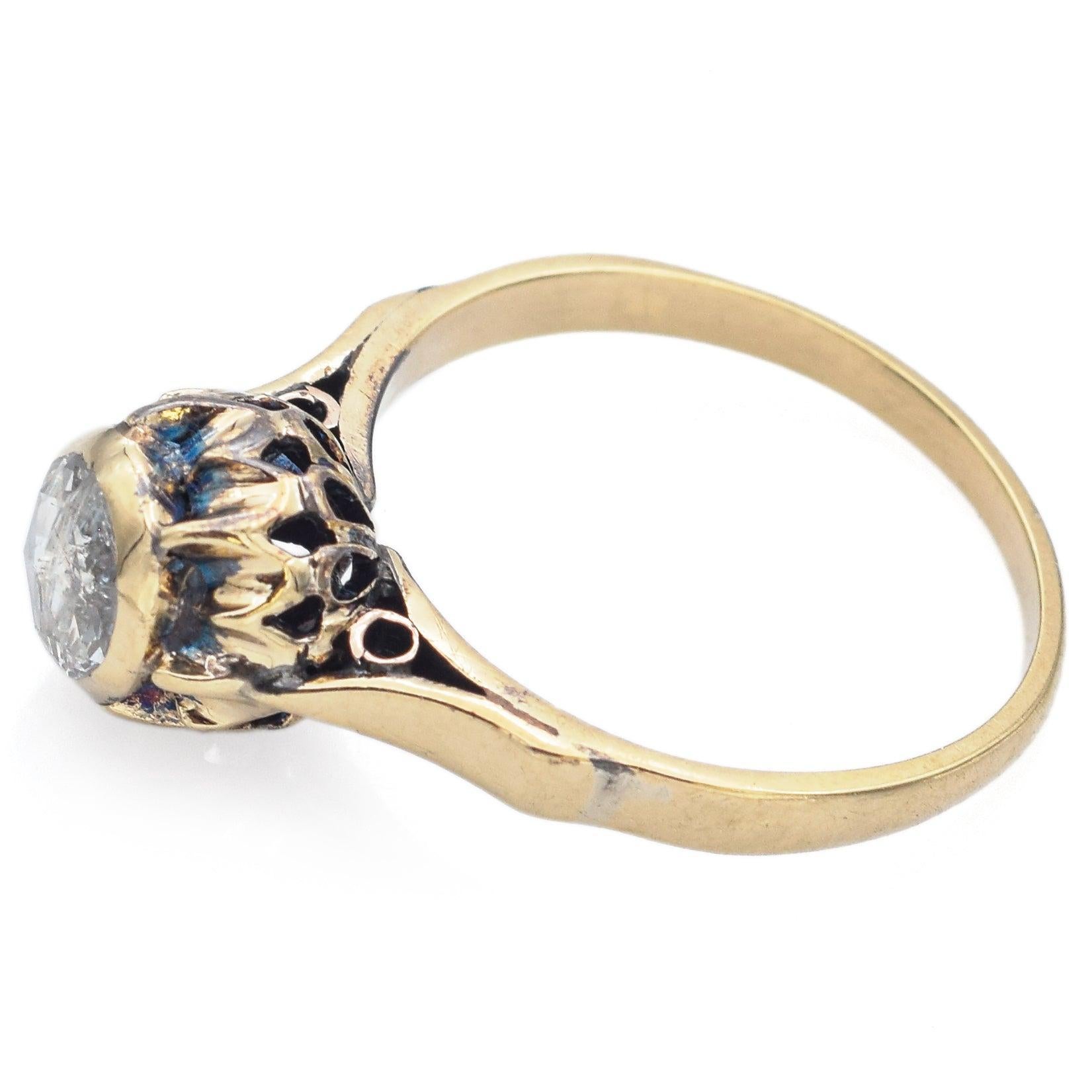Anillo de compromiso con banda de diamantes talla rosa en oro amarillo antiguo de 14k de 0,50 ct en Bueno estado para la venta en New York, NY