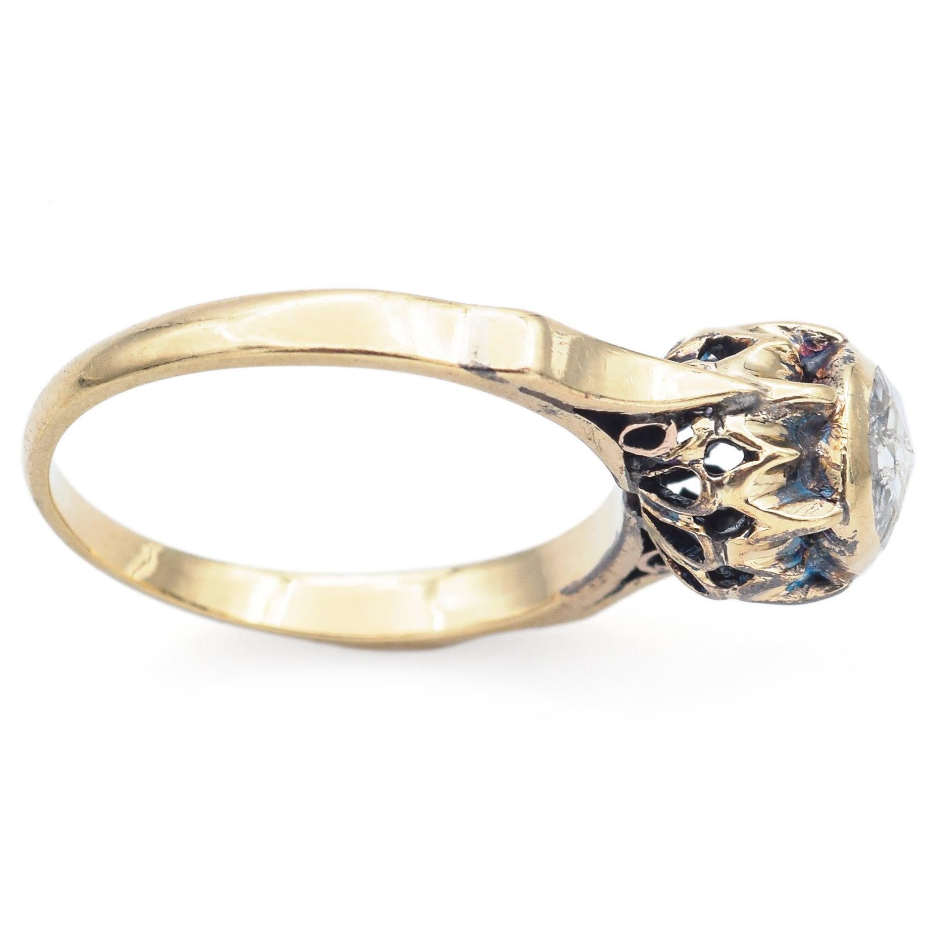 Anillo de compromiso con banda de diamantes talla rosa en oro amarillo antiguo de 14k de 0,50 ct en venta 1