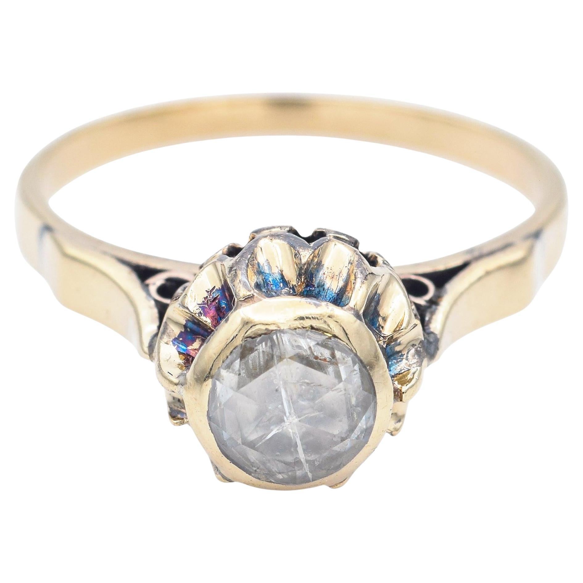 Anillo de compromiso con banda de diamantes talla rosa en oro amarillo antiguo de 14k de 0,50 ct en venta