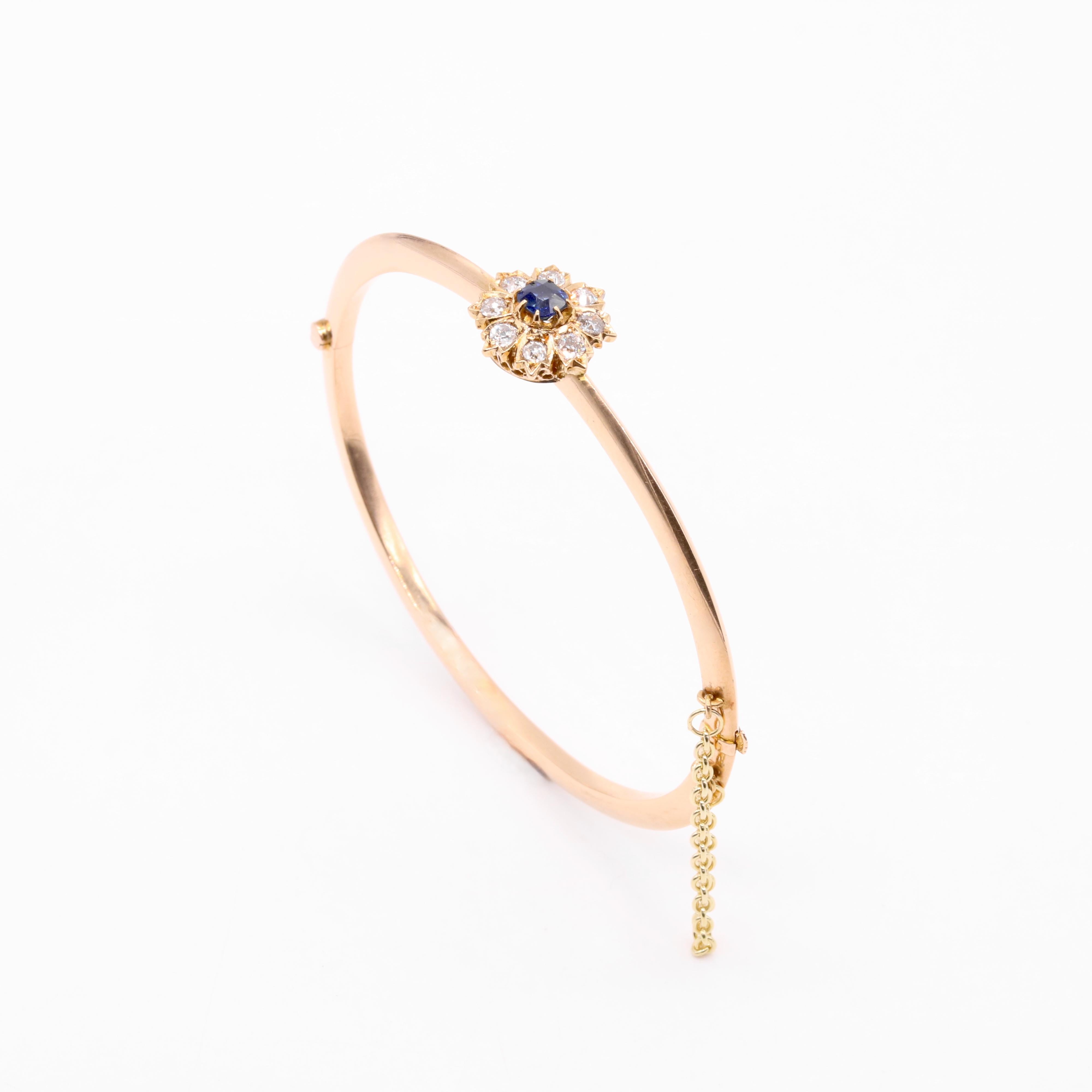 Antique 14K Yellow Gold 0.73tgw Sapphire & Old Cut Diamond Floral Cluster Bangle For Sale 5