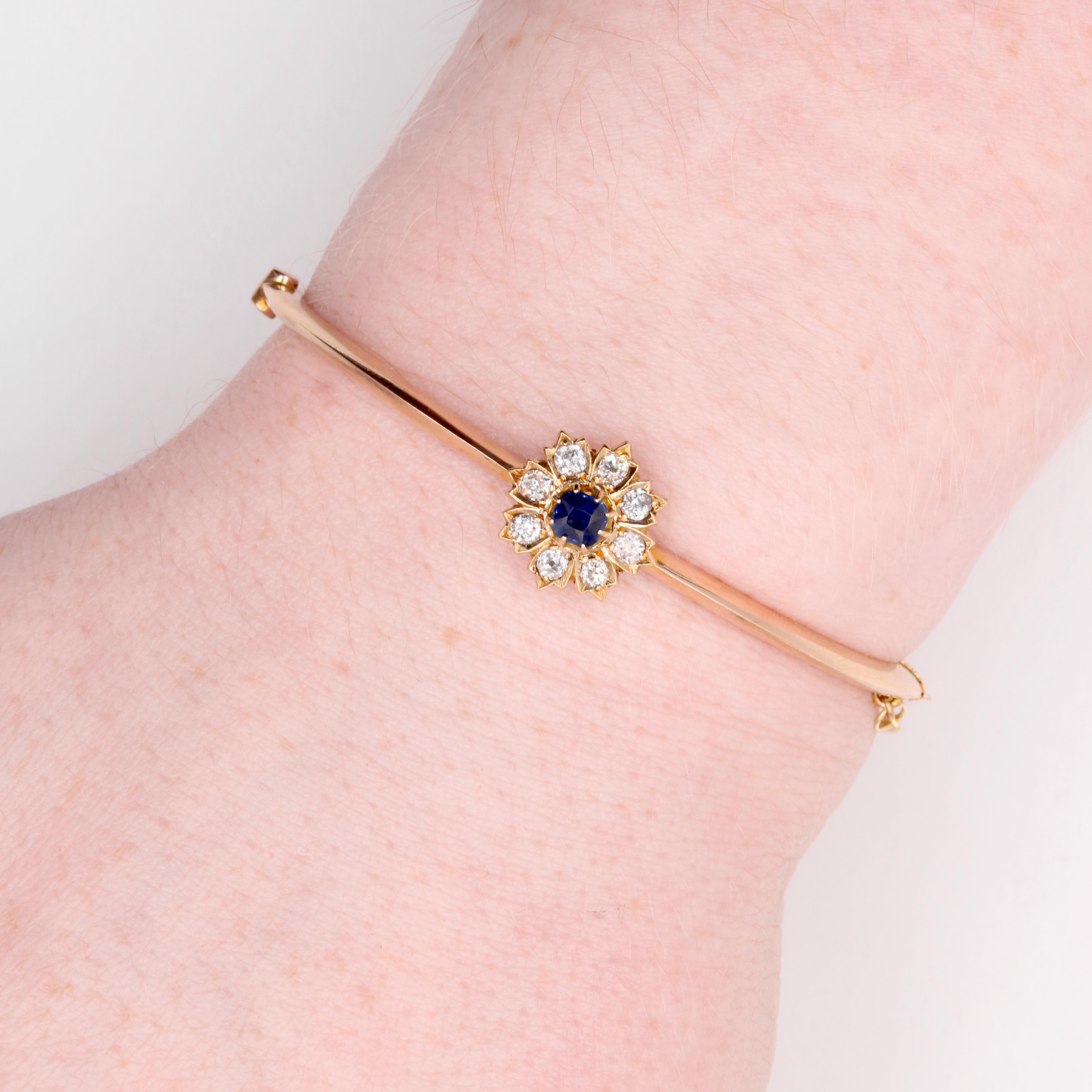 Antique 14K Yellow Gold 0.73tgw Sapphire & Old Cut Diamond Floral Cluster Bangle For Sale 6