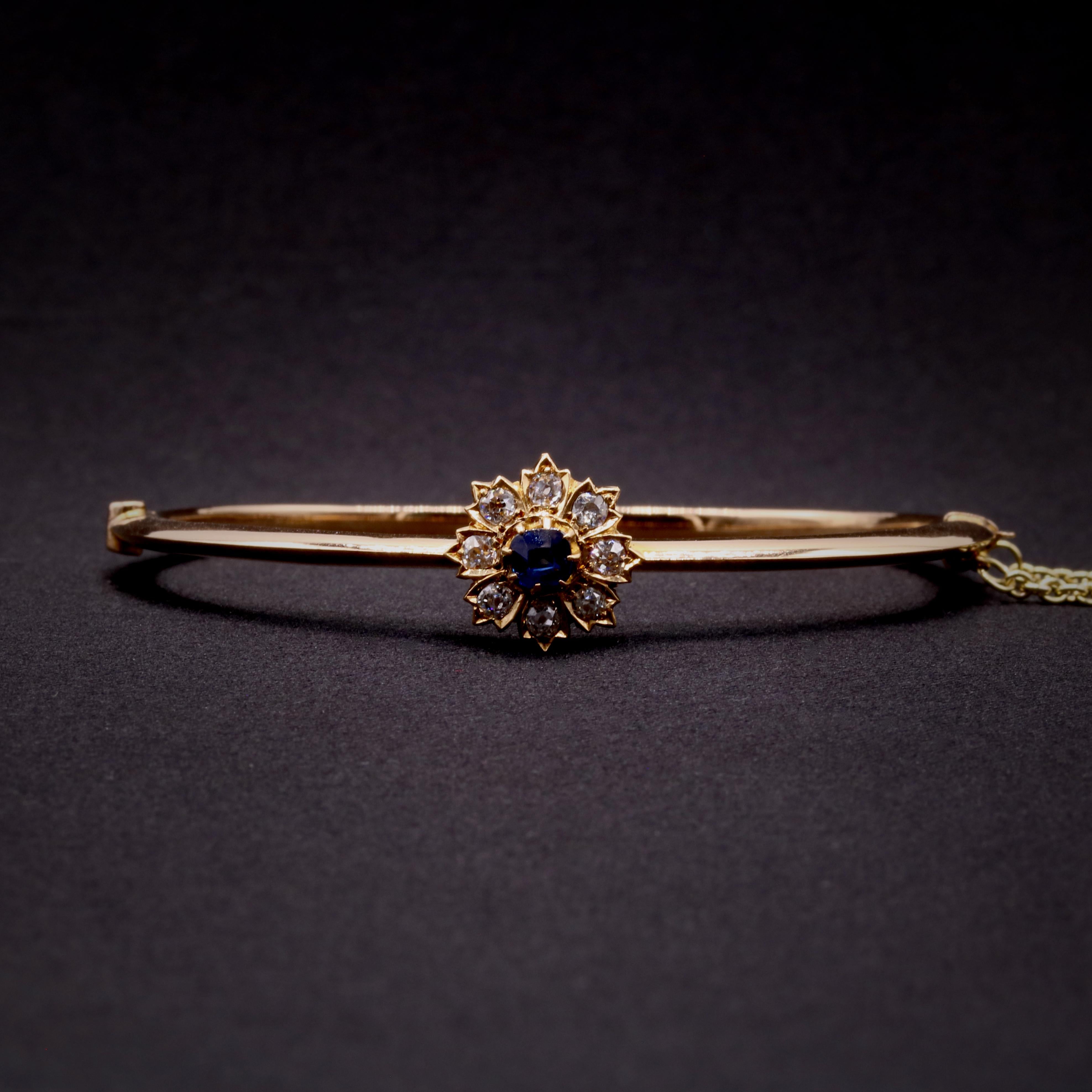 Victorian Antique 14K Yellow Gold 0.73tgw Sapphire & Old Cut Diamond Floral Cluster Bangle For Sale