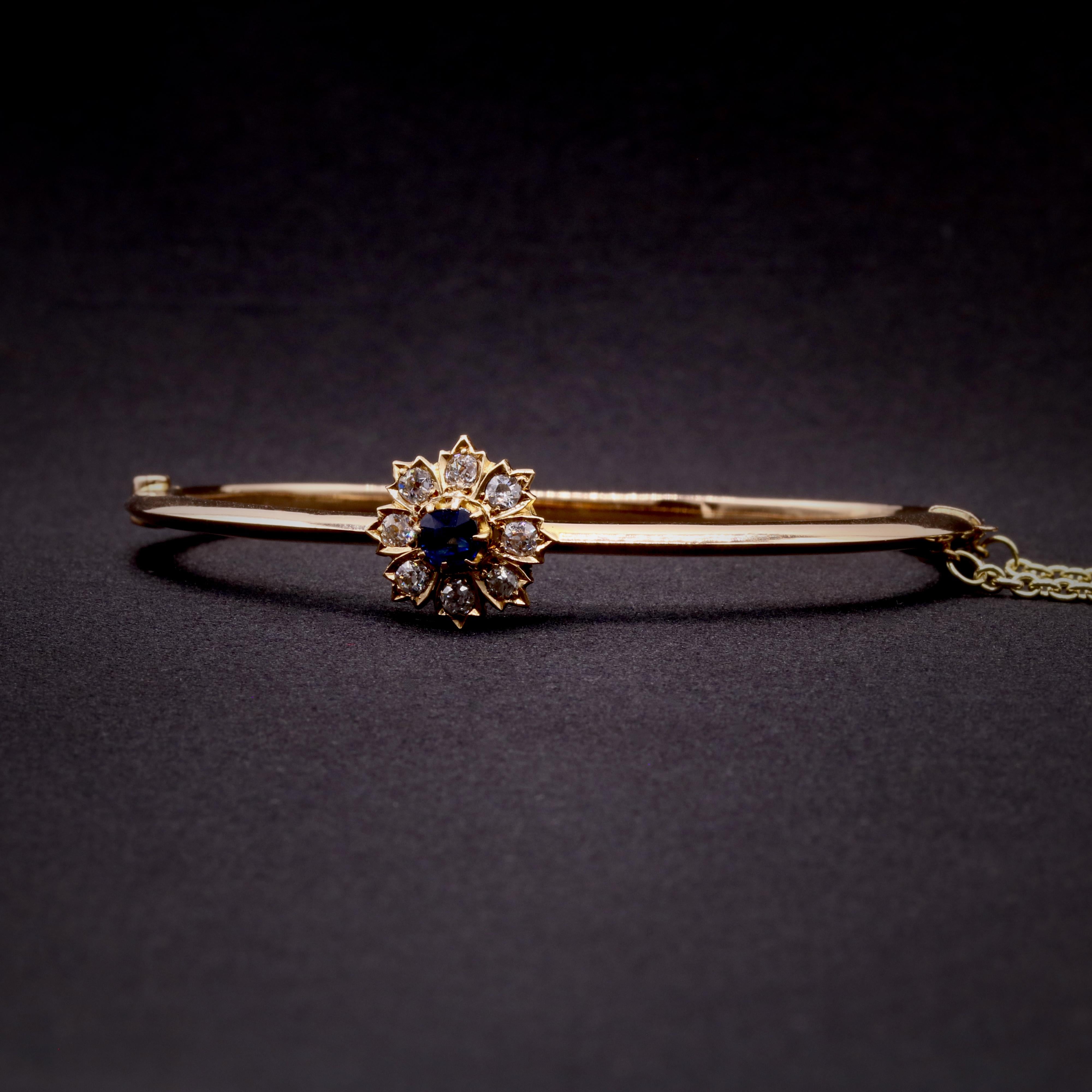Women's or Men's Antique 14K Yellow Gold 0.73tgw Sapphire & Old Cut Diamond Floral Cluster Bangle For Sale