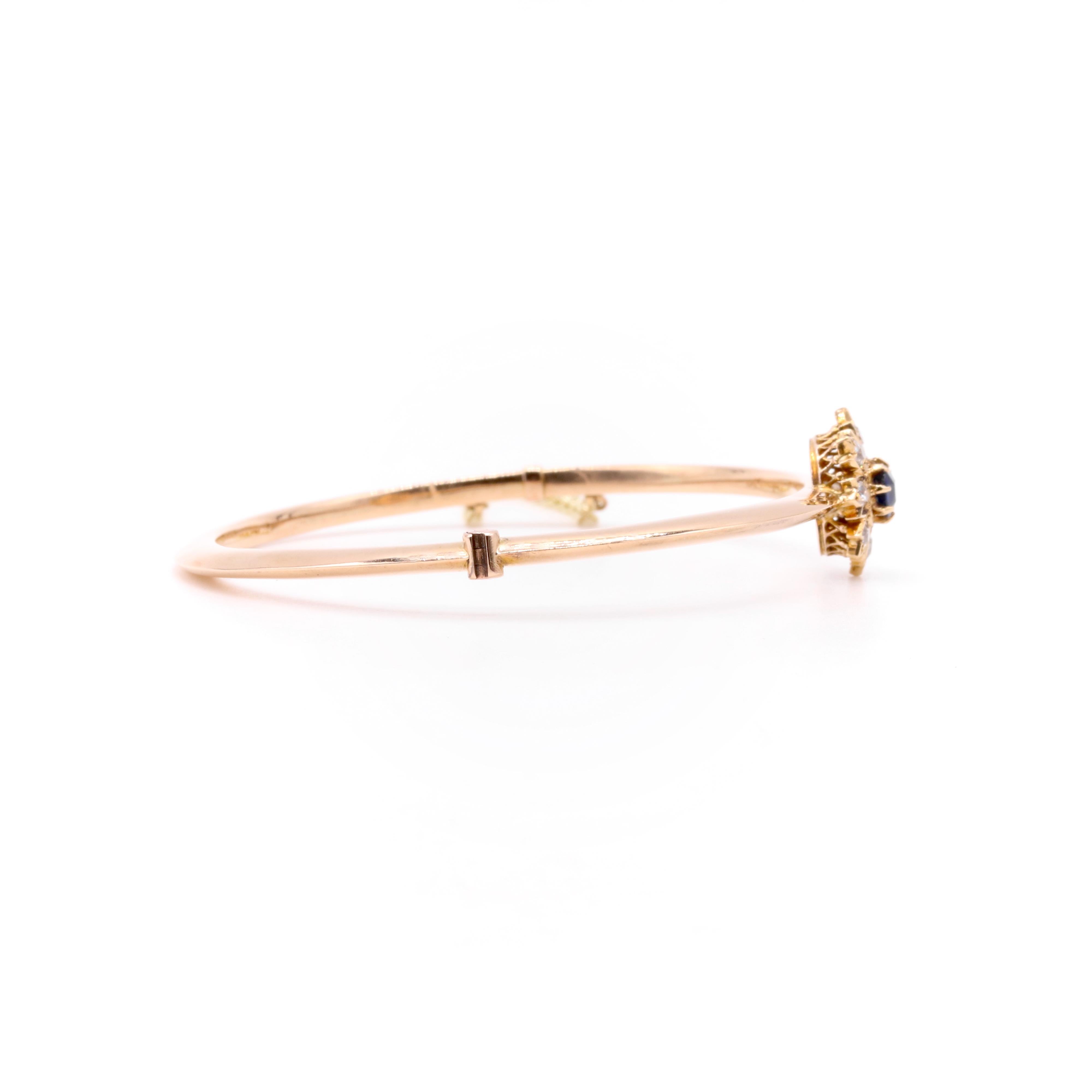 Antique 14K Yellow Gold 0.73tgw Sapphire & Old Cut Diamond Floral Cluster Bangle For Sale 1