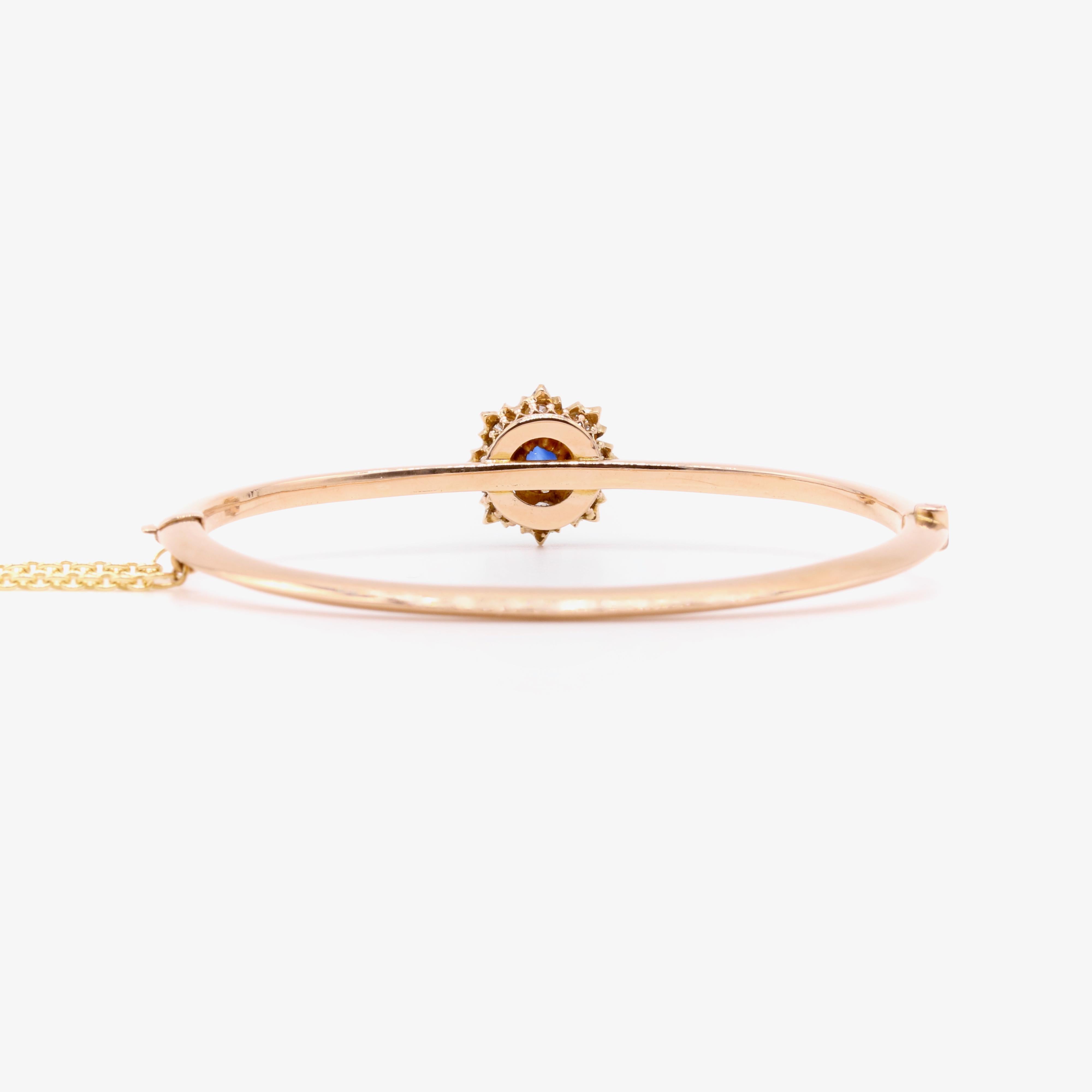 Antique 14K Yellow Gold 0.73tgw Sapphire & Old Cut Diamond Floral Cluster Bangle For Sale 2