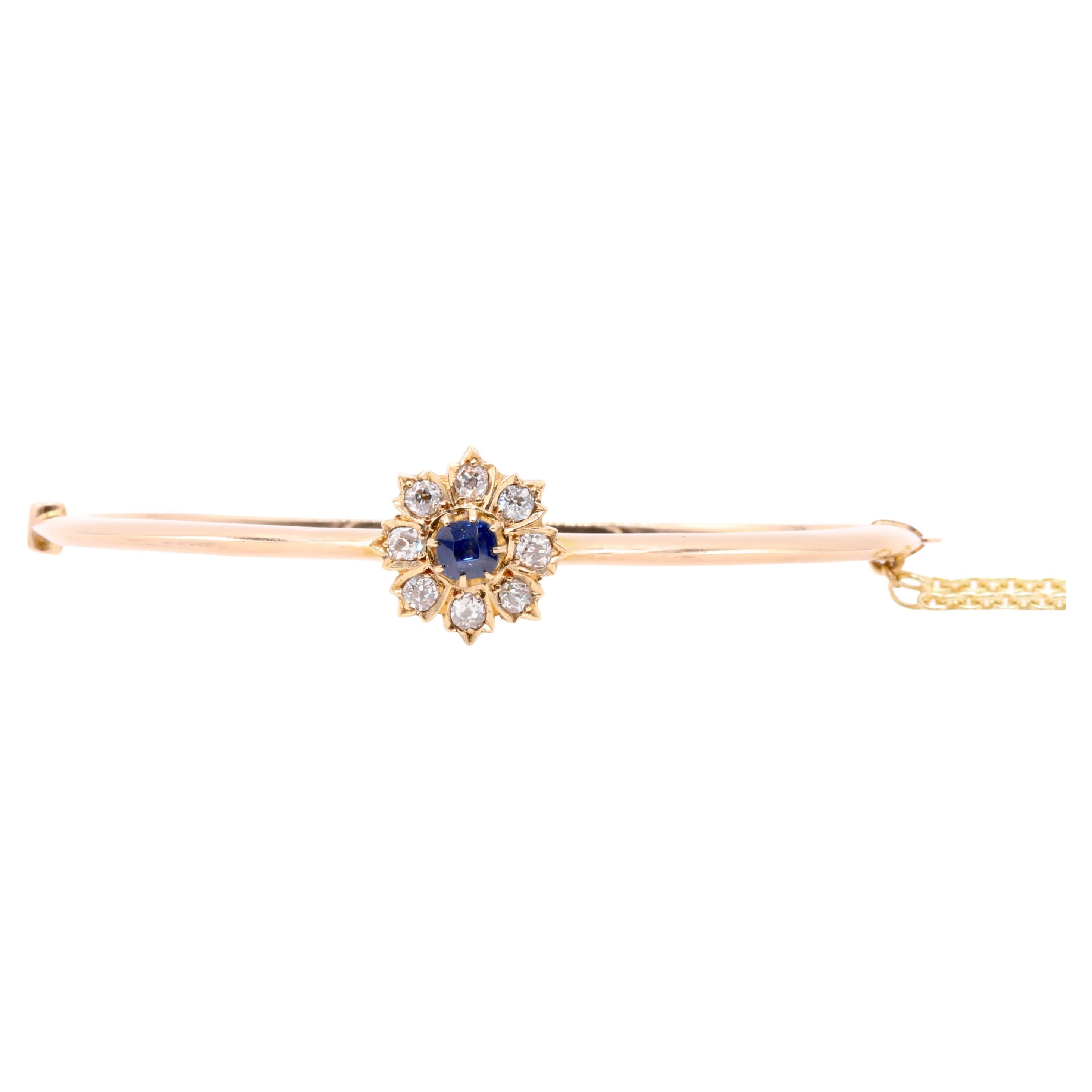 Antique 14K Yellow Gold 0.73tgw Sapphire & Old Cut Diamond Floral Cluster Bangle For Sale