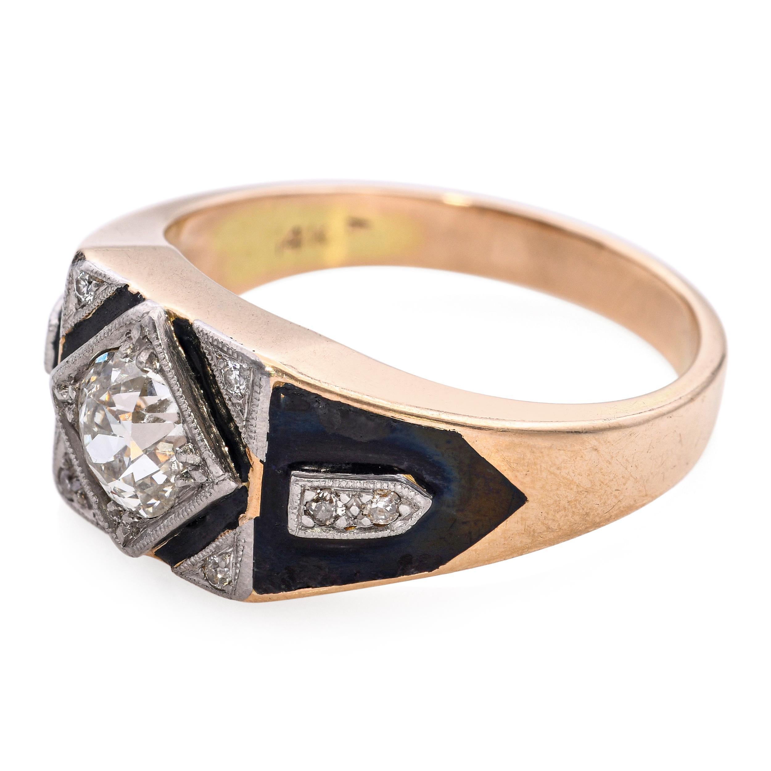 Antiker 14k Gelbgold 1,02tcw Diamant-Emaille-Ring im Zustand „Gut“ im Angebot in New York, NY