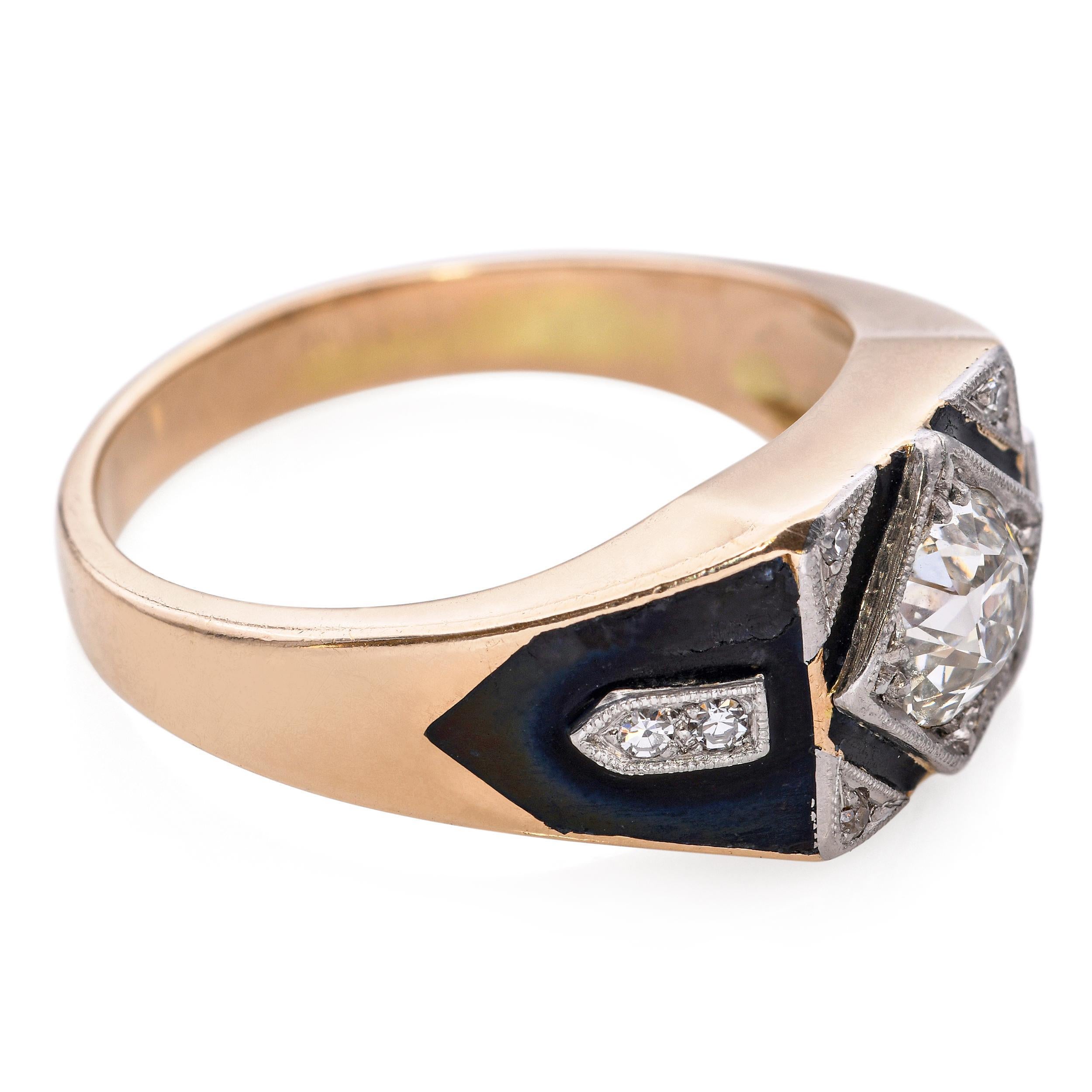 Antiker 14k Gelbgold 1,02tcw Diamant-Emaille-Ring im Angebot 1