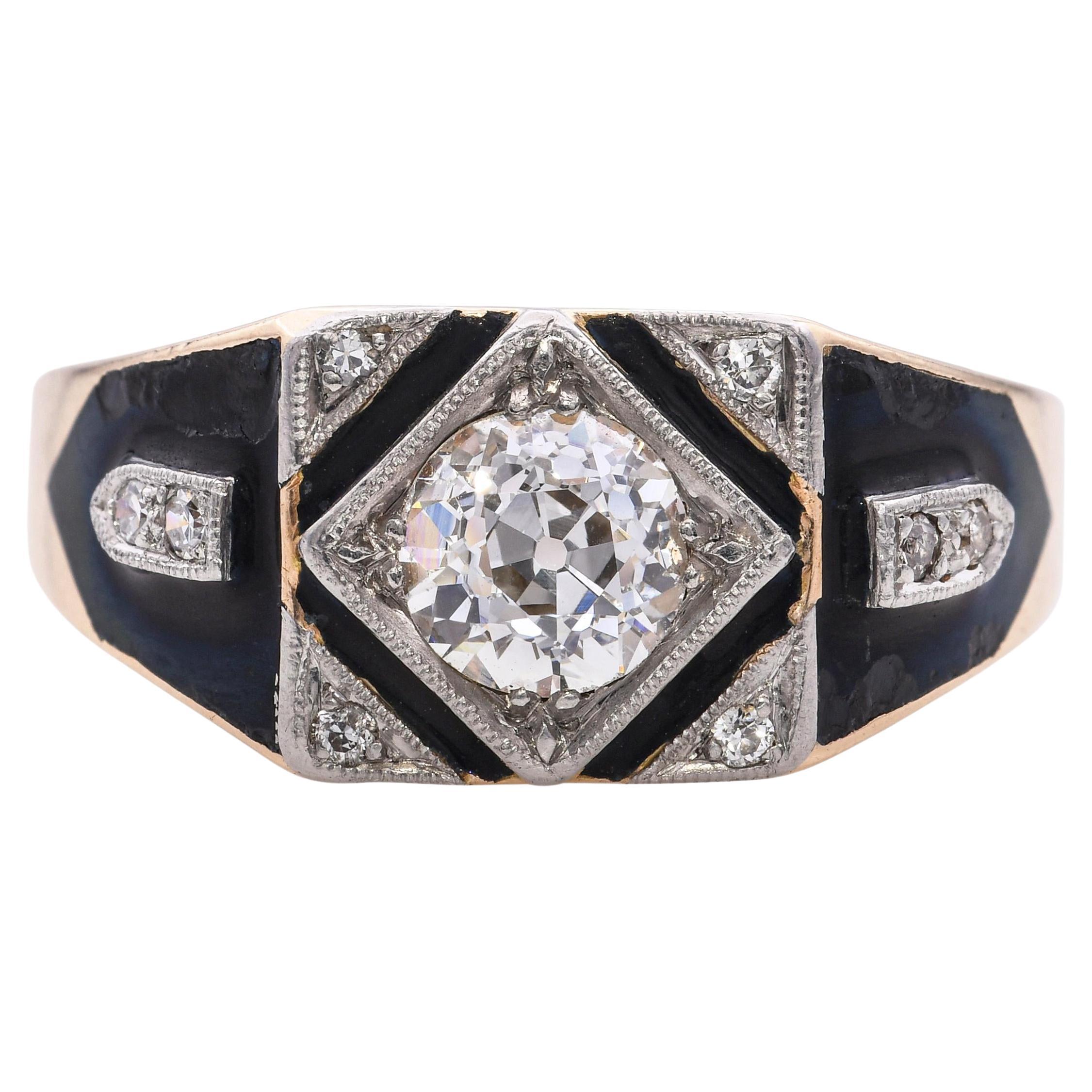 Antiker 14k Gelbgold 1,02tcw Diamant-Emaille-Ring im Angebot