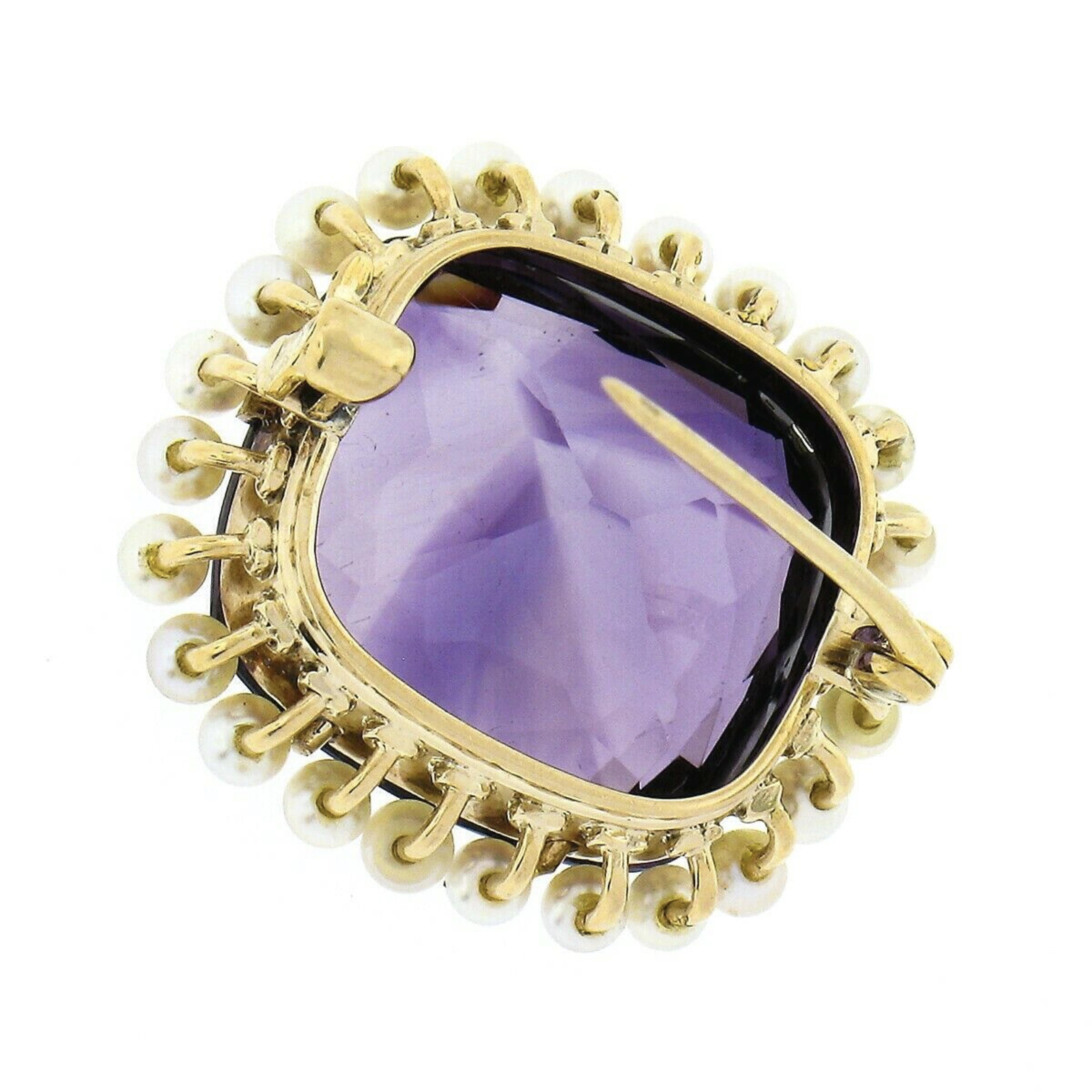 Art Deco Antique 14K Yellow Gold 18.50ctw Cushion Amethyst w/ Seed Pearl Halo Pin Brooch For Sale