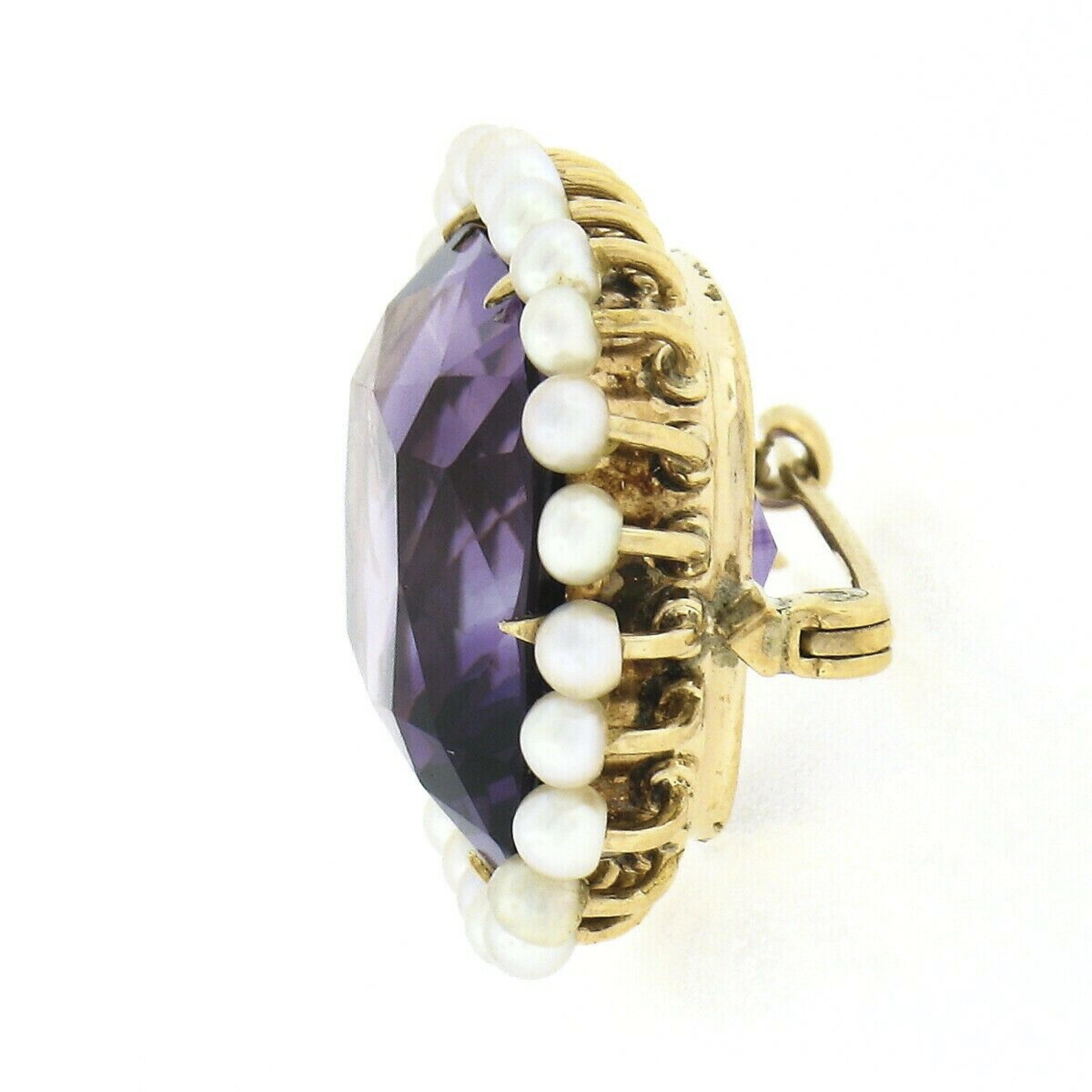 Antique 14K Yellow Gold 18.50ctw Cushion Amethyst w/ Seed Pearl Halo Pin Brooch In Good Condition For Sale In Montclair, NJ