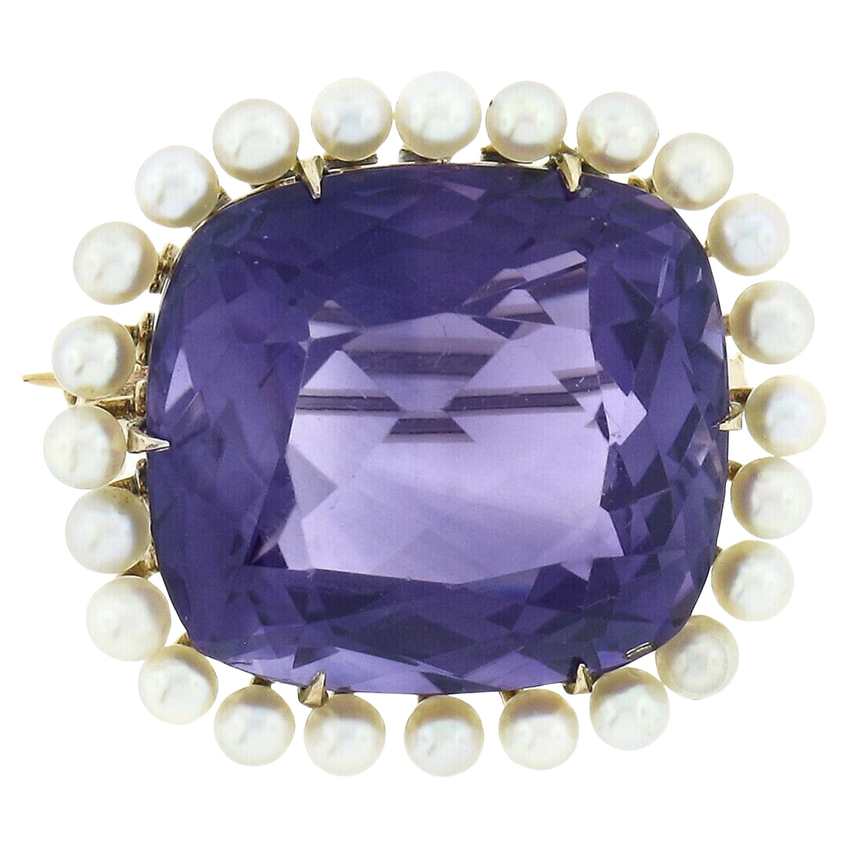 Antique 14K Yellow Gold 18.50ctw Cushion Amethyst w/ Seed Pearl Halo Pin Brooch For Sale
