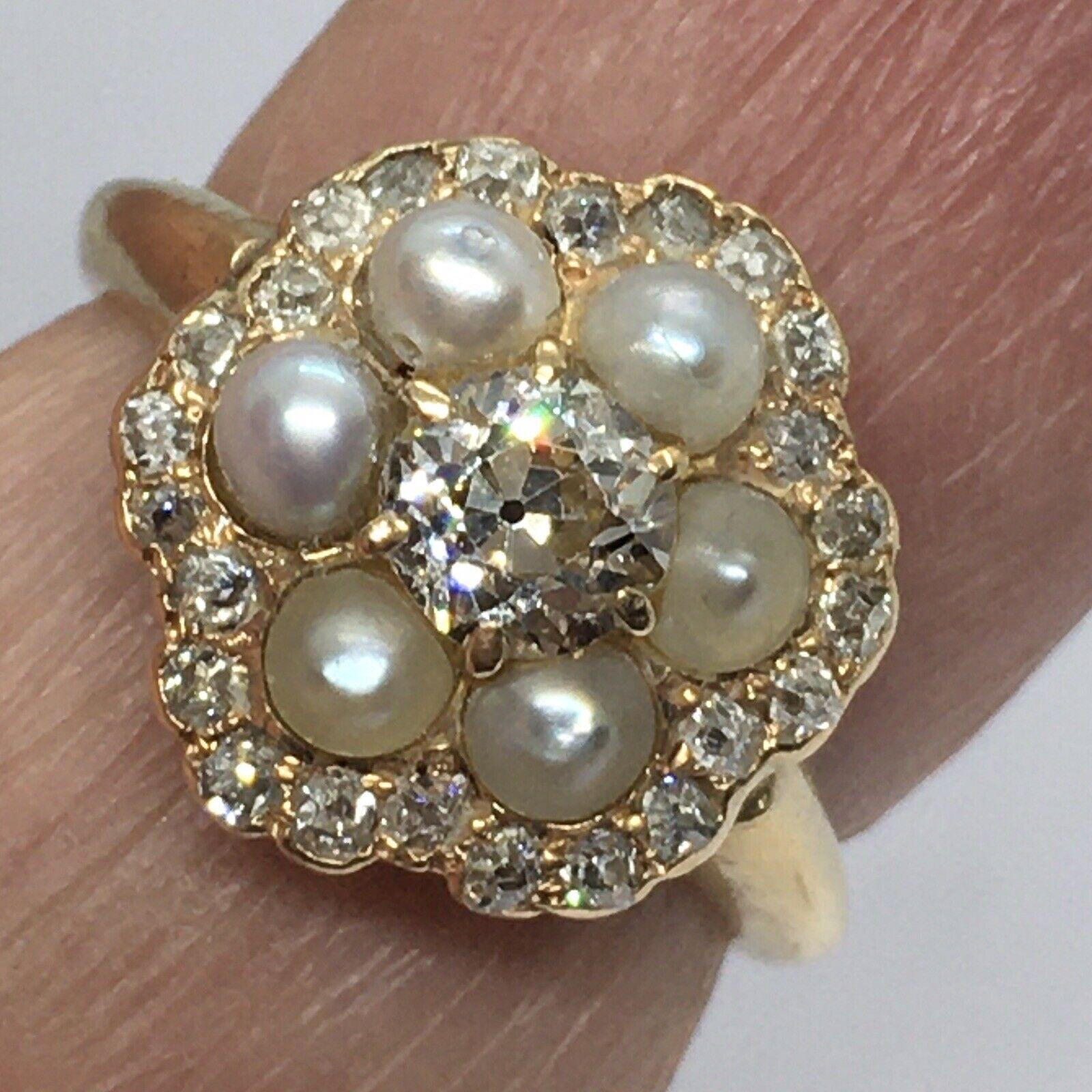 Old European Cut Antique 14K Yellow gold 3/4 Carat Diamond Pearl American Ring Size 6 For Sale