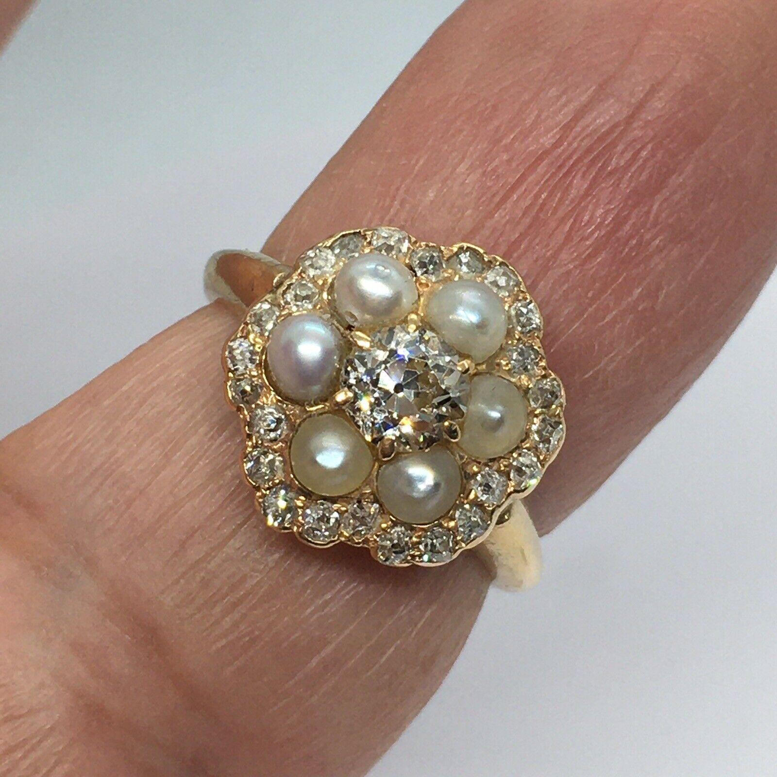 Antique 14K Yellow gold 3/4 Carat Diamond Pearl American Ring Size 6 In Good Condition For Sale In Santa Monica, CA