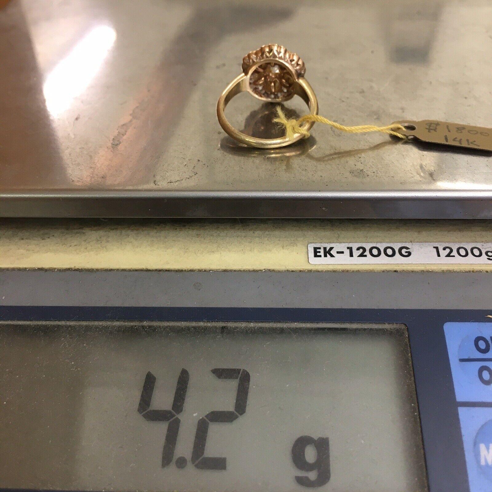 Femenino o masculino Anillo Americano Antiguo Oro Amarillo 14K 3/4 Quilates Diamante Perla Talla 6 en venta