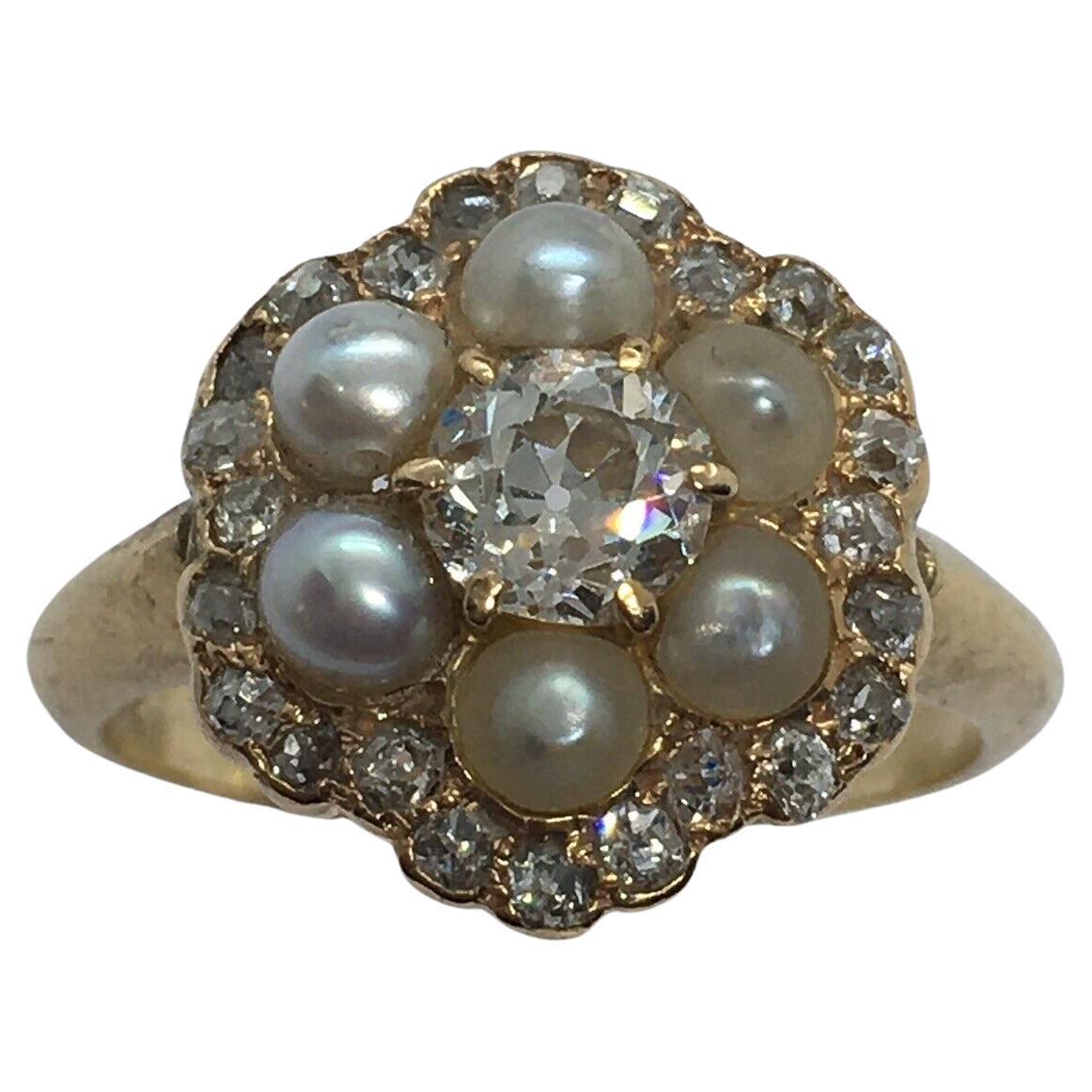 Antique 14K Yellow gold 3/4 Carat Diamond Pearl American Ring Size 6 For Sale