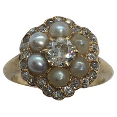 Antique 14K Yellow gold 3/4 Carat Diamond Pearl American Ring Size 6