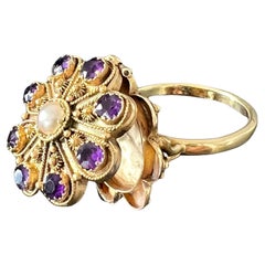 Antique 14k Yellow Gold Amethyst and Pearl Secret Box Poison Ring