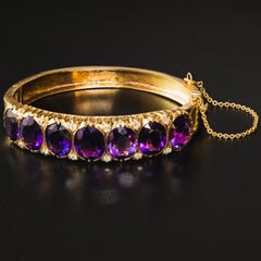Antique 14k Yellow Gold Amethyst & Old Mine Cut Diamond Bangle Bracelet
