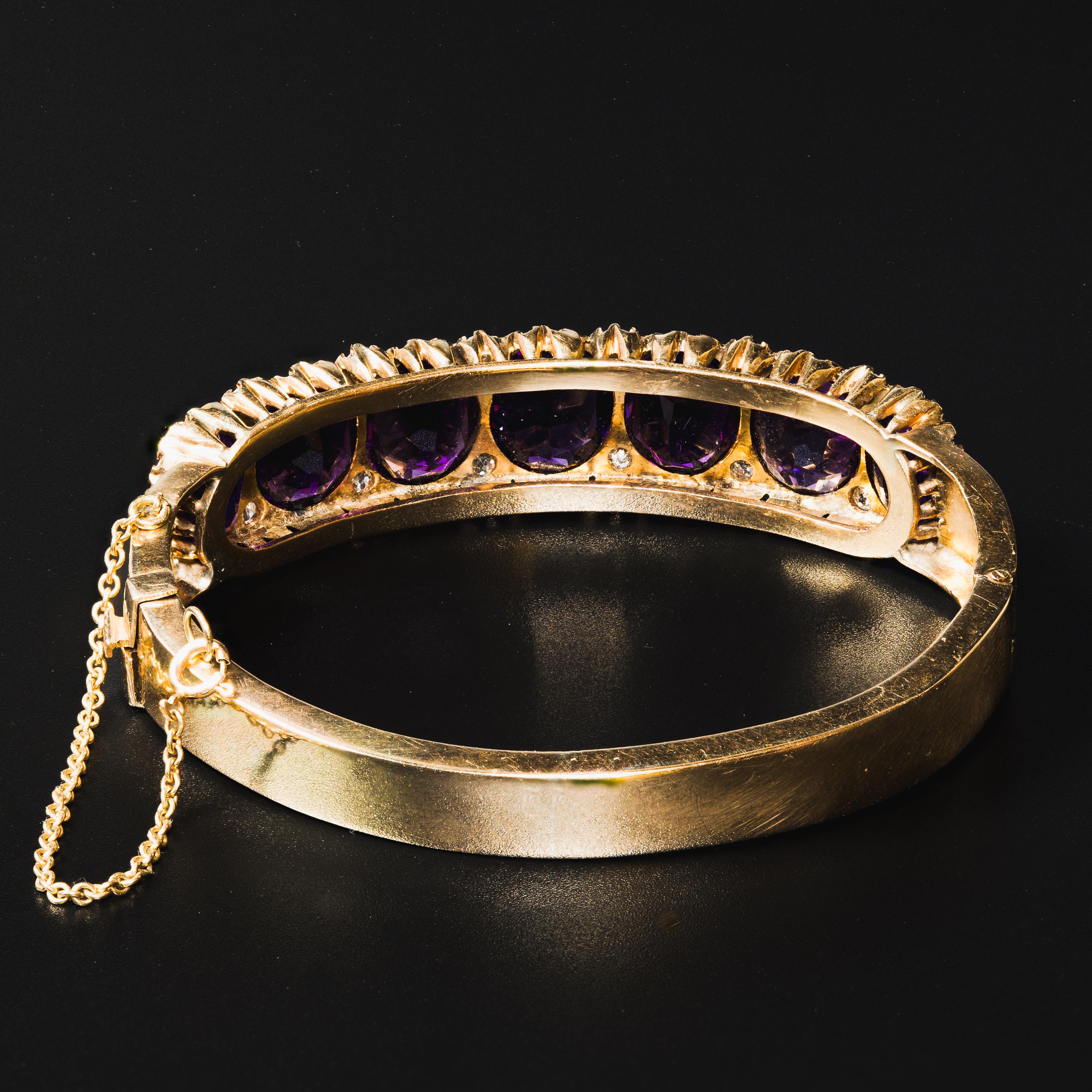 Bracciale antico in oro giallo 14k con ametista e diamante Old Mine Cut In condizioni buone in vendita a Bernardsville, NJ
