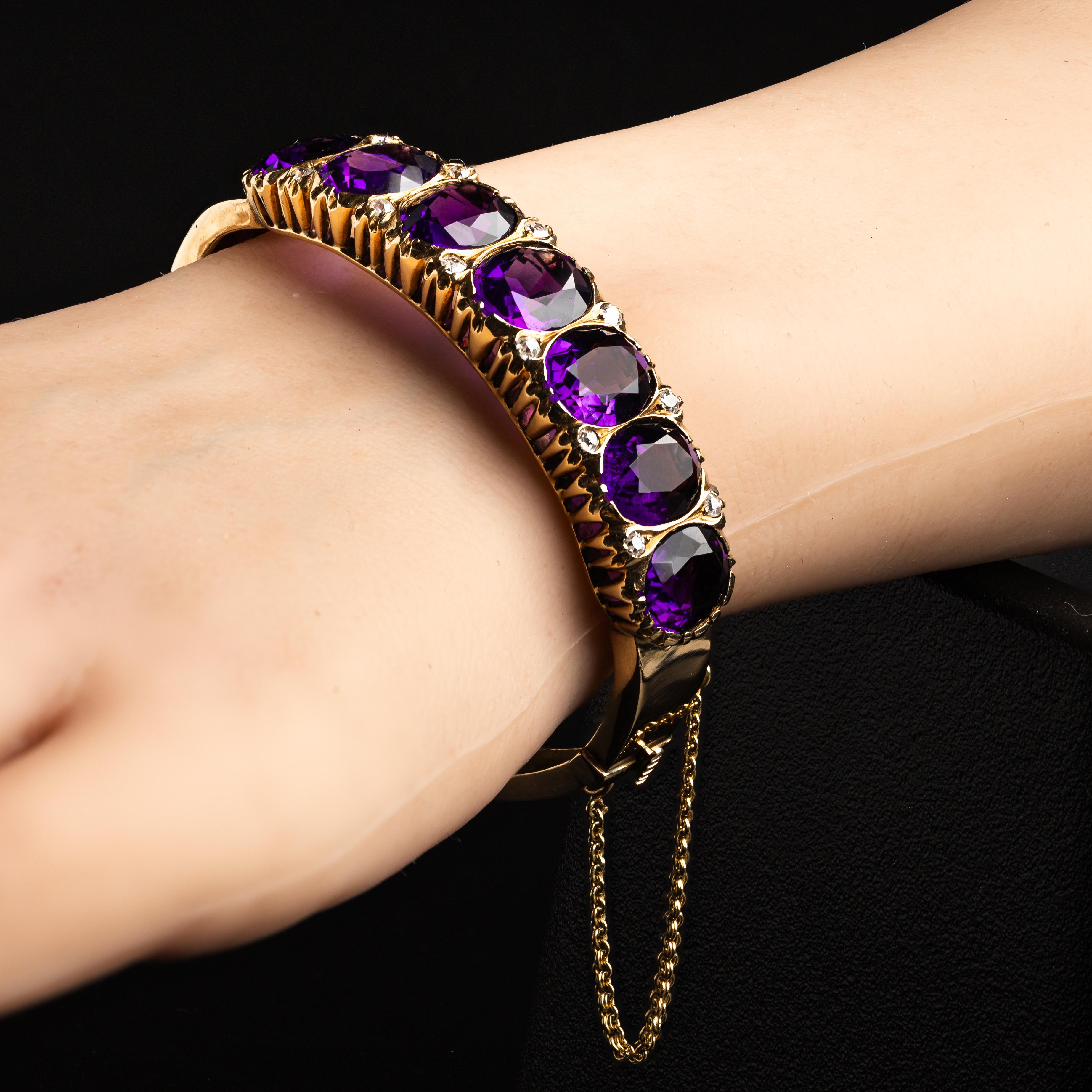 Bracciale antico in oro giallo 14k con ametista e diamante Old Mine Cut in vendita 1