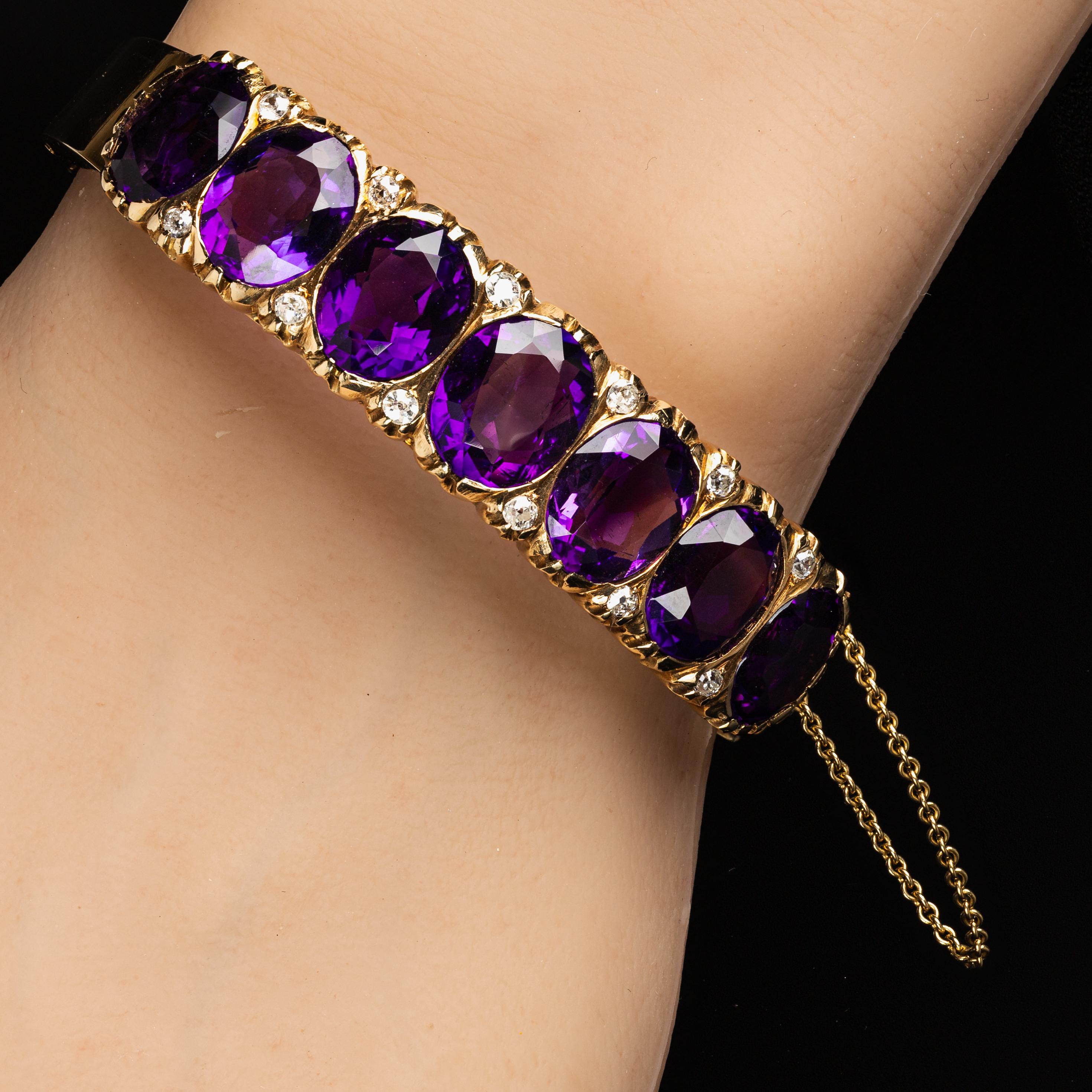 Bracciale antico in oro giallo 14k con ametista e diamante Old Mine Cut in vendita 2