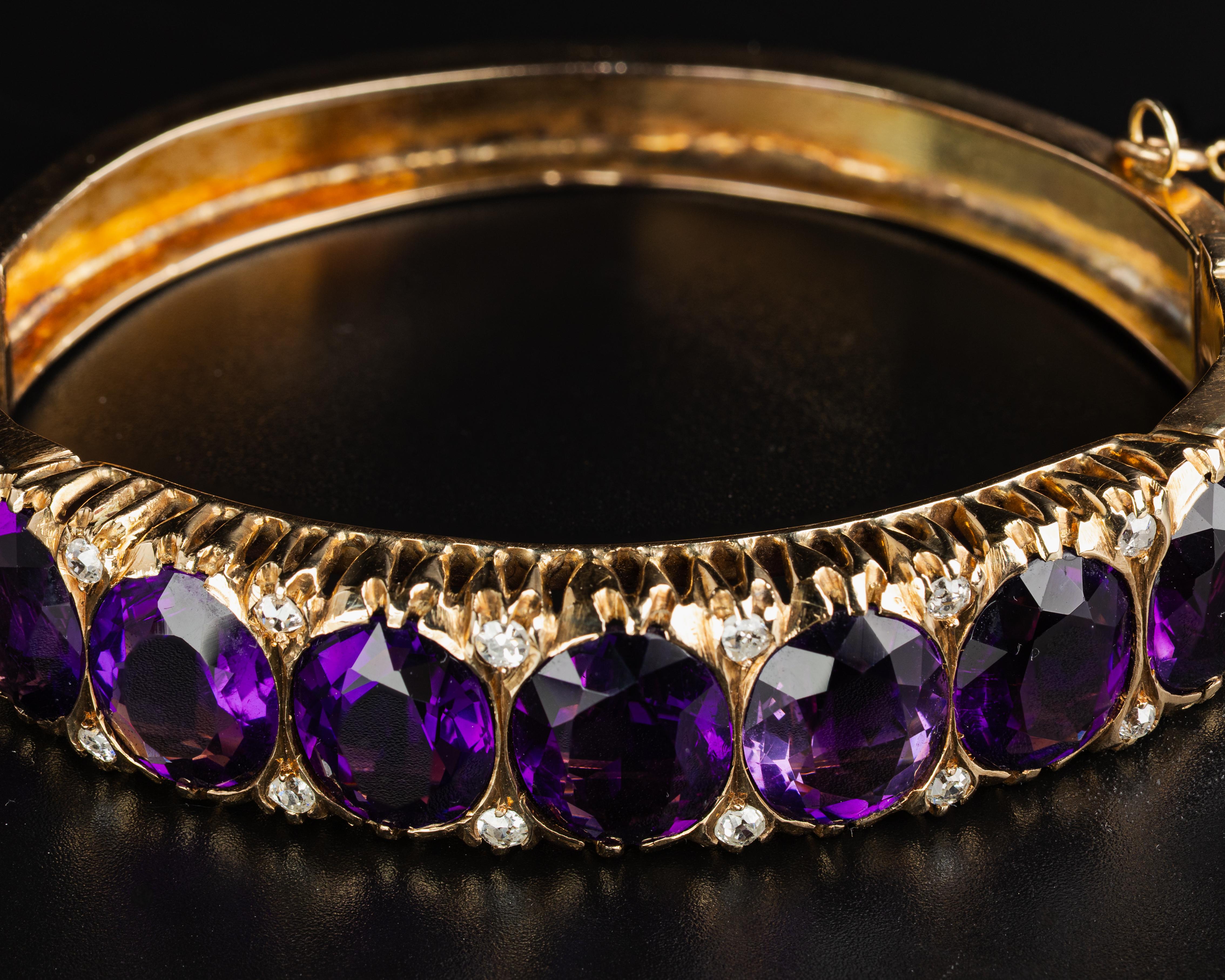 Bracciale antico in oro giallo 14k con ametista e diamante Old Mine Cut in vendita 3