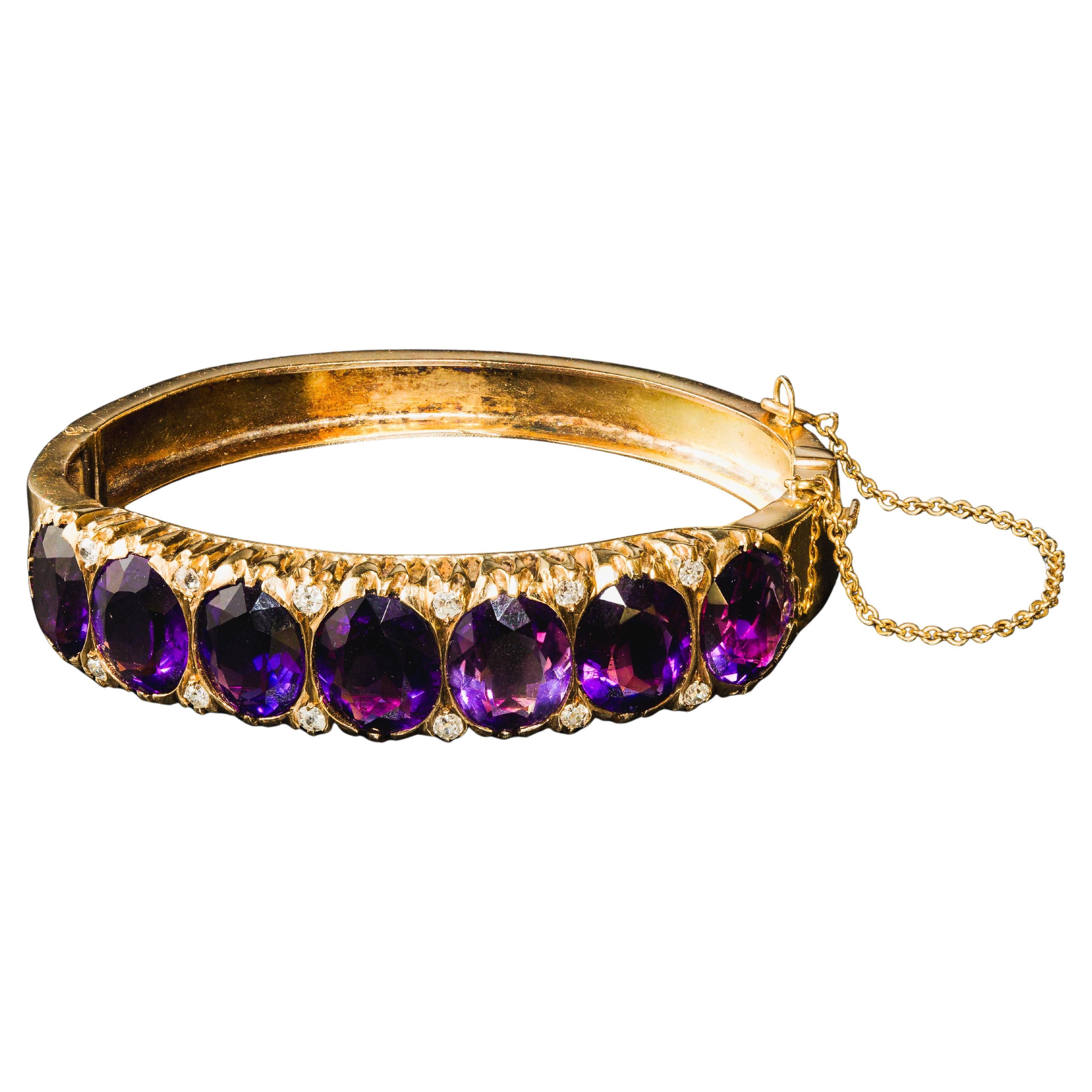 Bracciale antico in oro giallo 14k con ametista e diamante Old Mine Cut