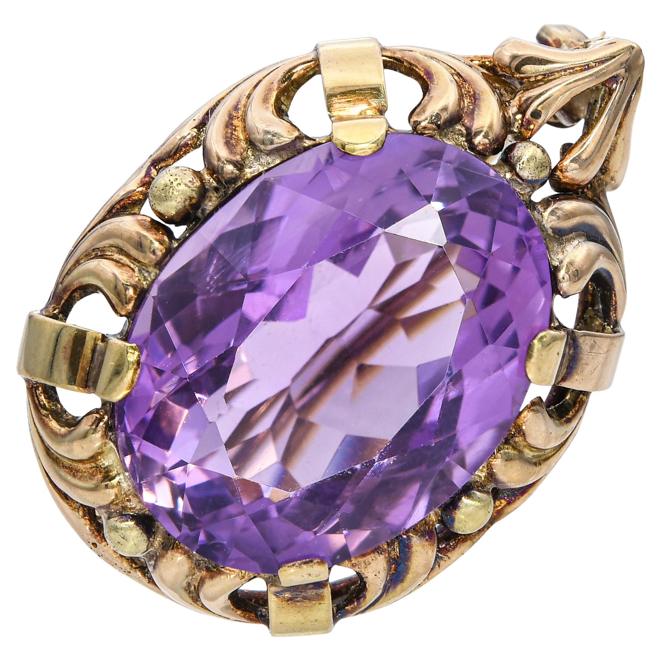 Antique 14k Yellow Gold Amethyst Ornate Brooch