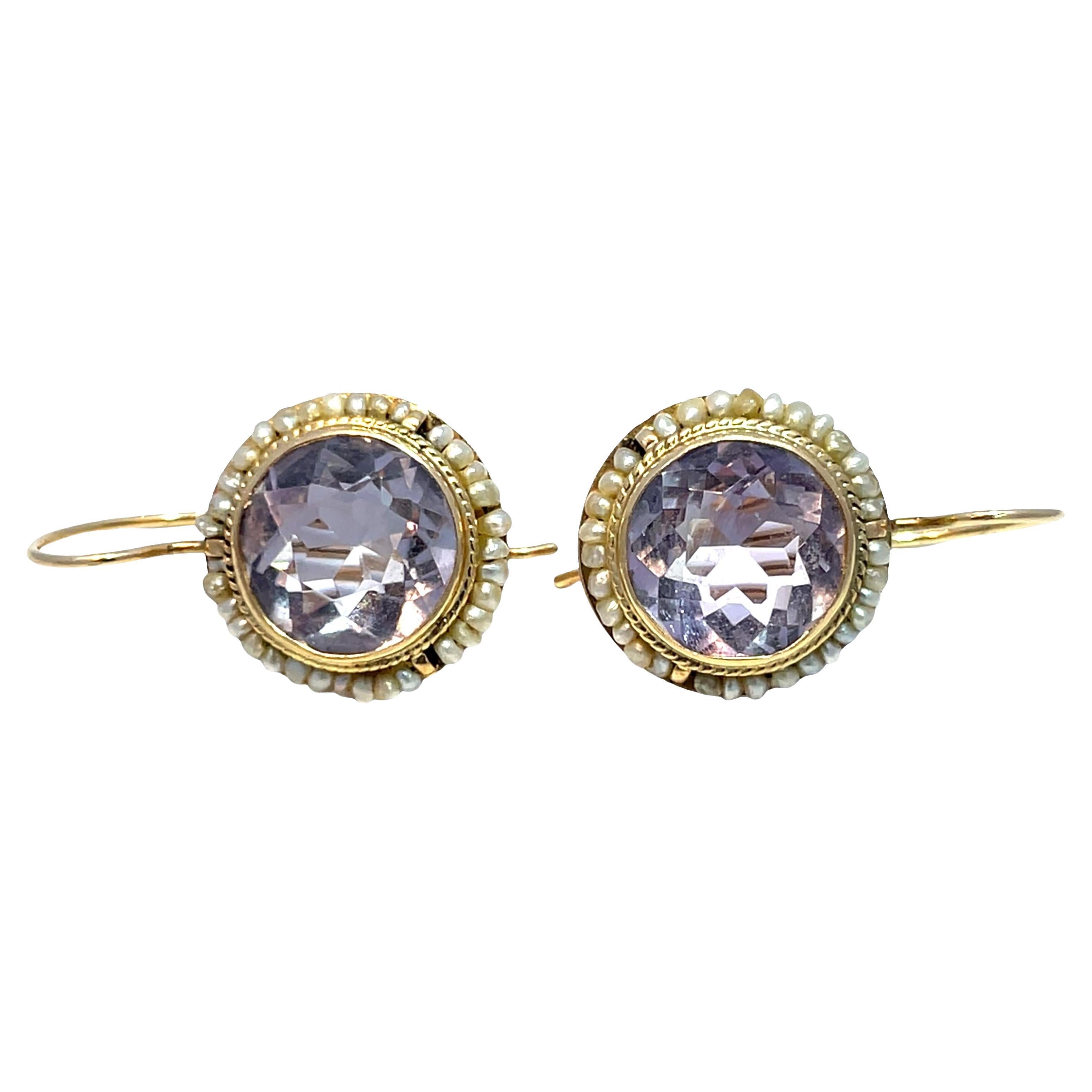Antique 14k Yellow Gold Amethyst 
Pearl Earrings