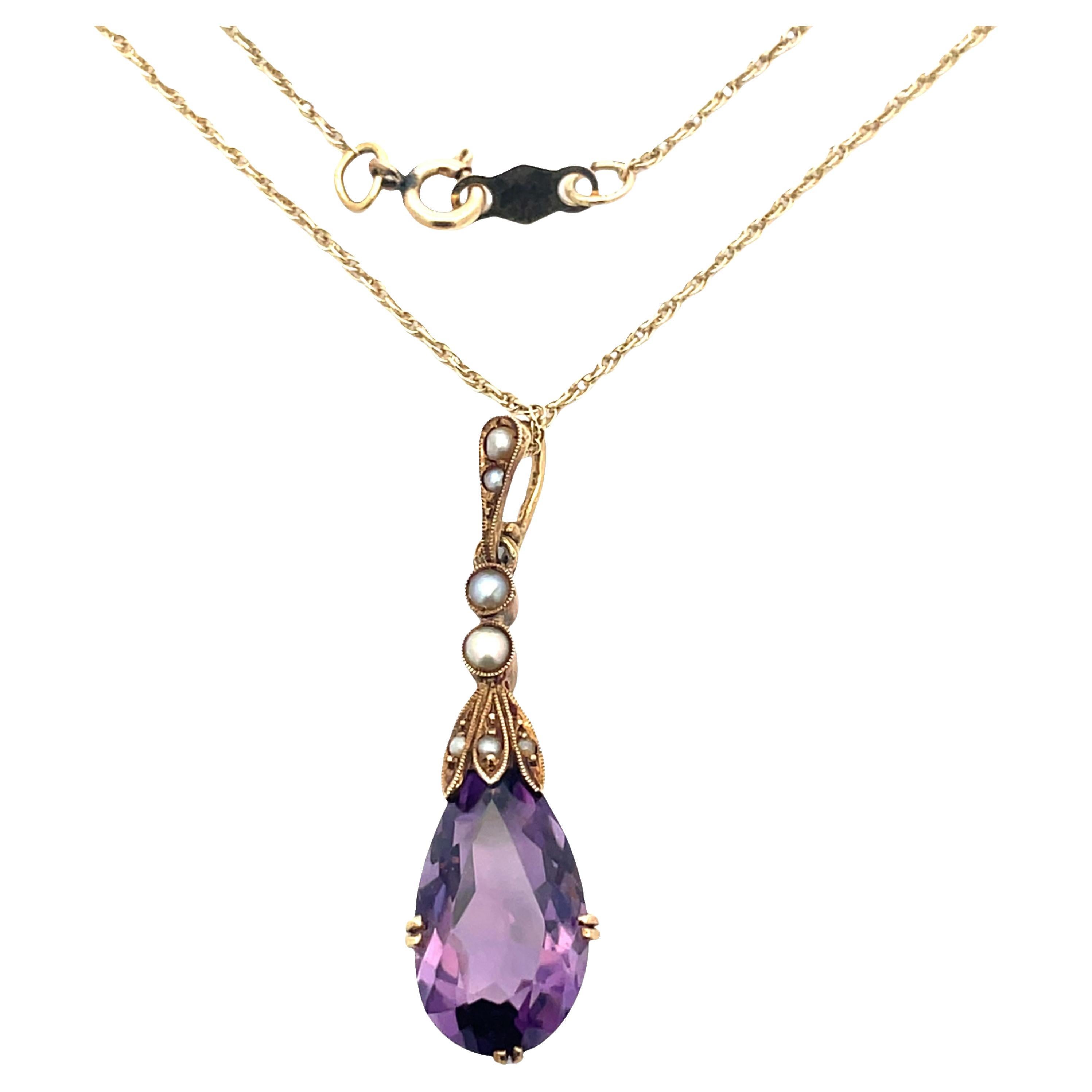 Antique 14k Yellow Gold Amethyst & Seed Pearl Necklace
