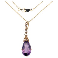 Collana antica in oro giallo 14k con ametista e perle di seme