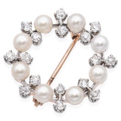 Antique 14k Yellow Gold and Platinum Pearl Diamond Brooch Pin