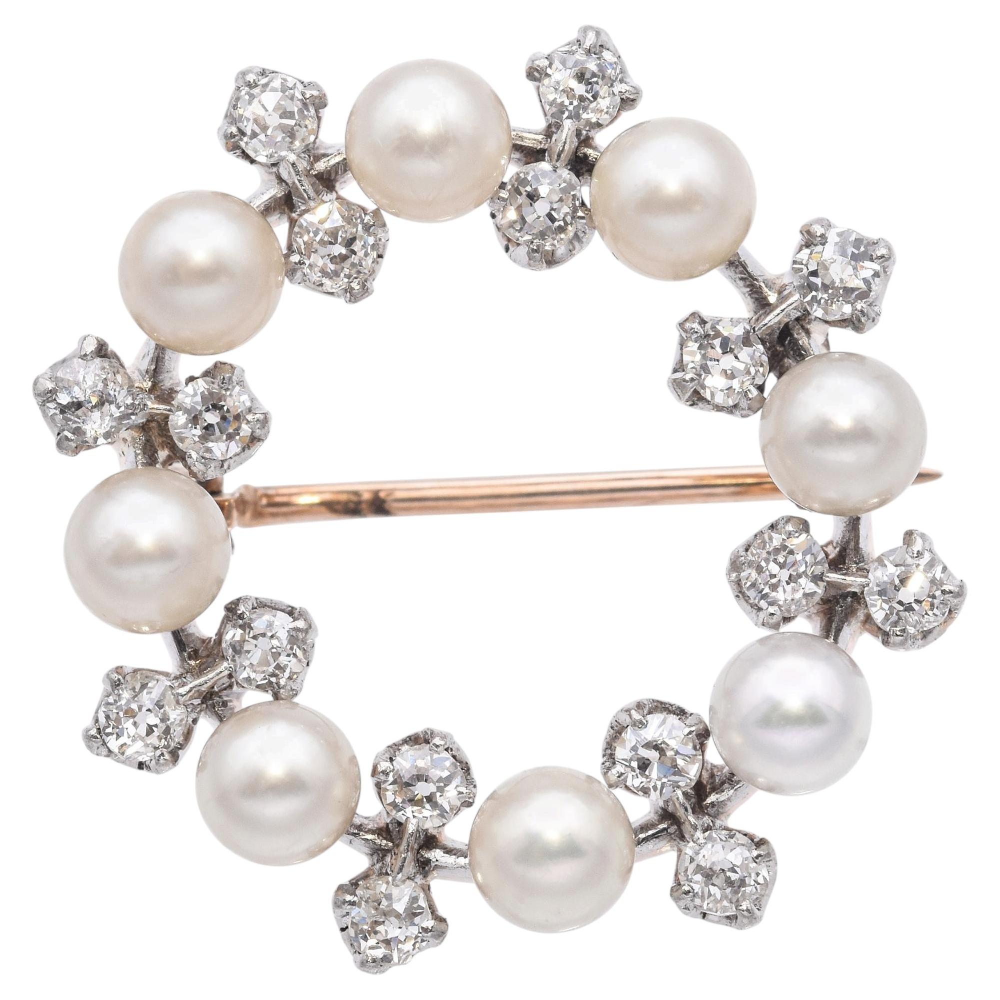 Antique 14k Yellow Gold and Platinum Pearl Diamond Brooch Pin