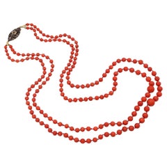Antique 14k Yellow Gold and Silver Red Coral Double Strand Necklace