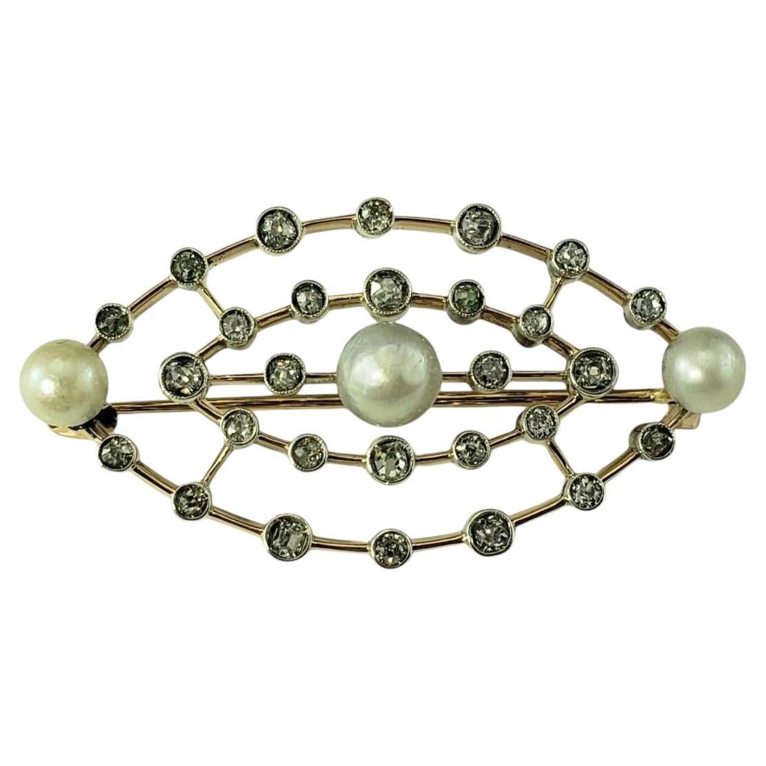 Antique 14K Yellow Gold and Sterling Silver Pearl and Diamond Brooch #19911