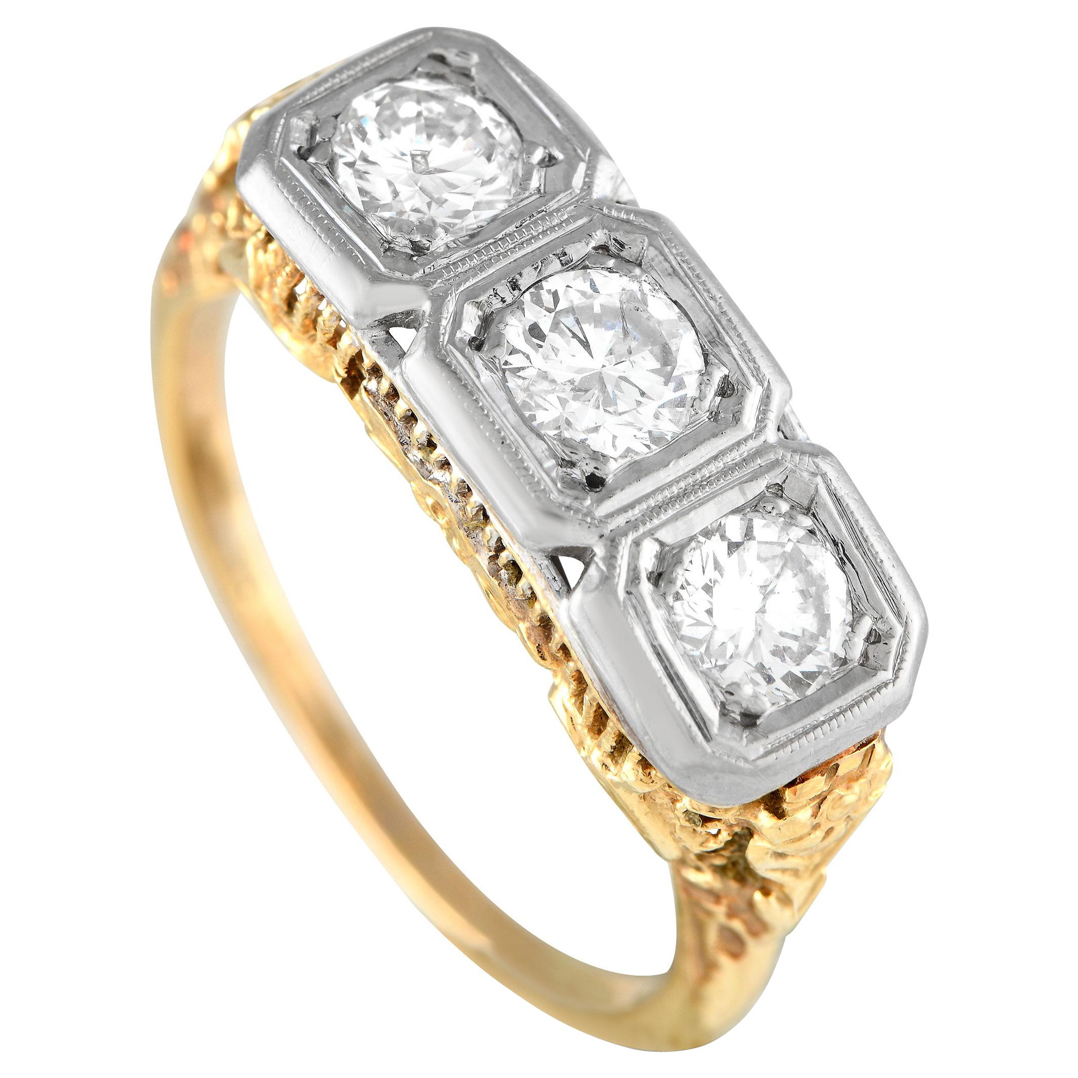 Antiker dreisteiniger Ring aus 14 Karat Gelbgold und Weißgold mit 1,01 Karat Diamanten
