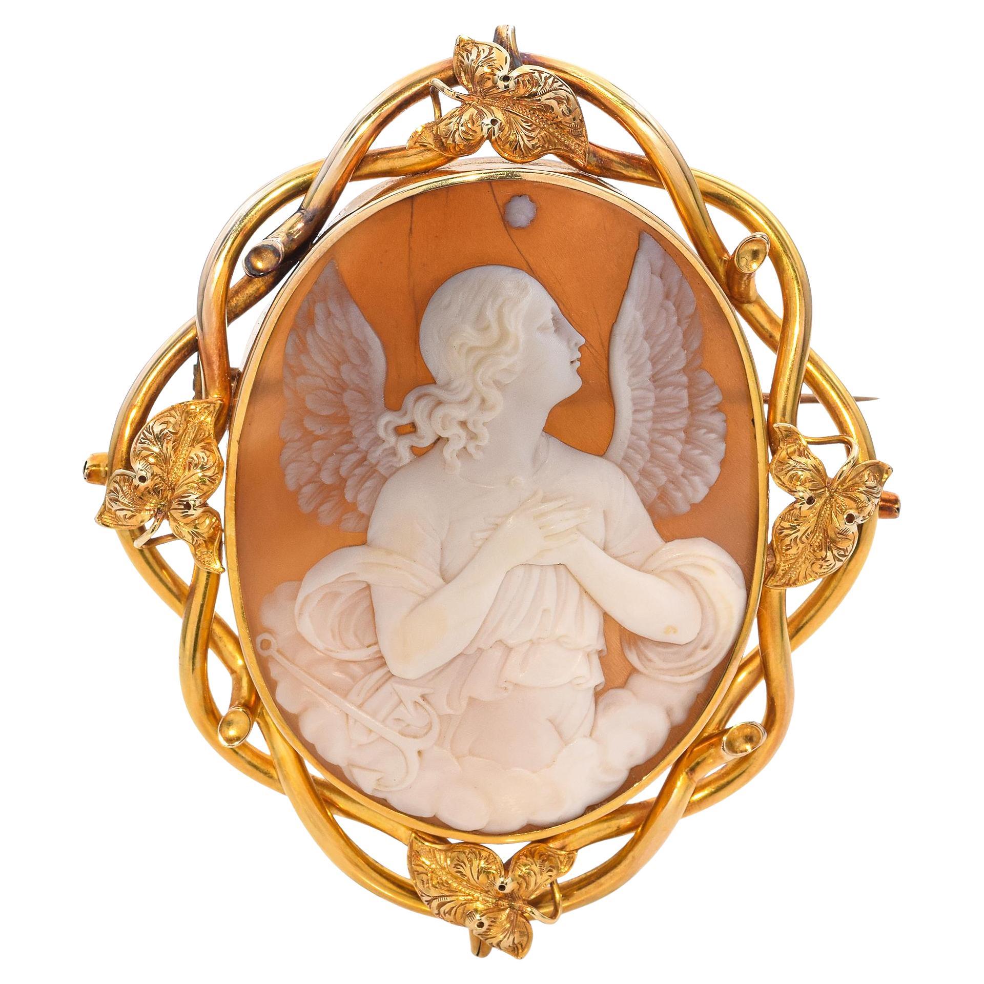Antique 14k Yellow Gold "Angel of Hope" Cameo Brooch