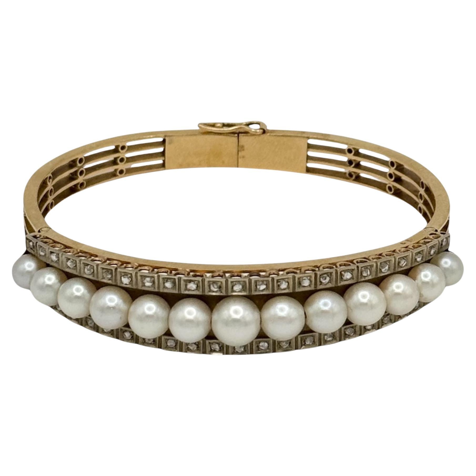 Antiker Armreif aus 14K Gelbgold mit Zuchtperlen und Diamanten im Rosenschliff