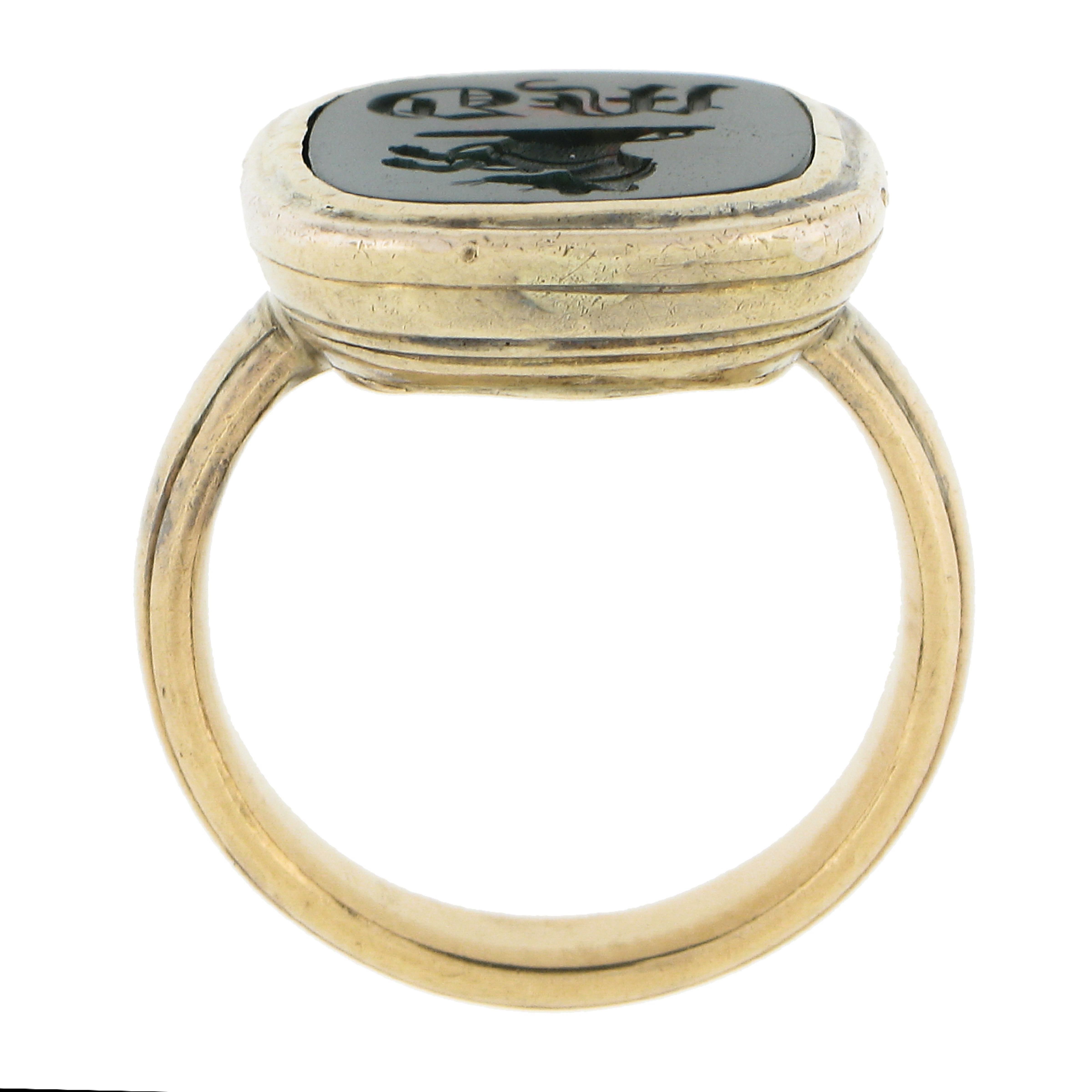 Antique 14k Yellow Gold Bezel Set Carved Bloodstone Intaglio Seal Solitaire Ring For Sale 3