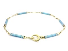 Antique 14k Yellow Gold & Blue Enamel Wrapped Bar Link Charm Bracelet