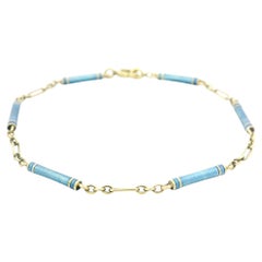 Antique 14k Yellow Gold & Blue Enamel Wrapped Bar Link Charm Bracelet