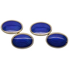 Antique 14K Yellow Gold Blue White Cloisonne Enamel Cuff Links