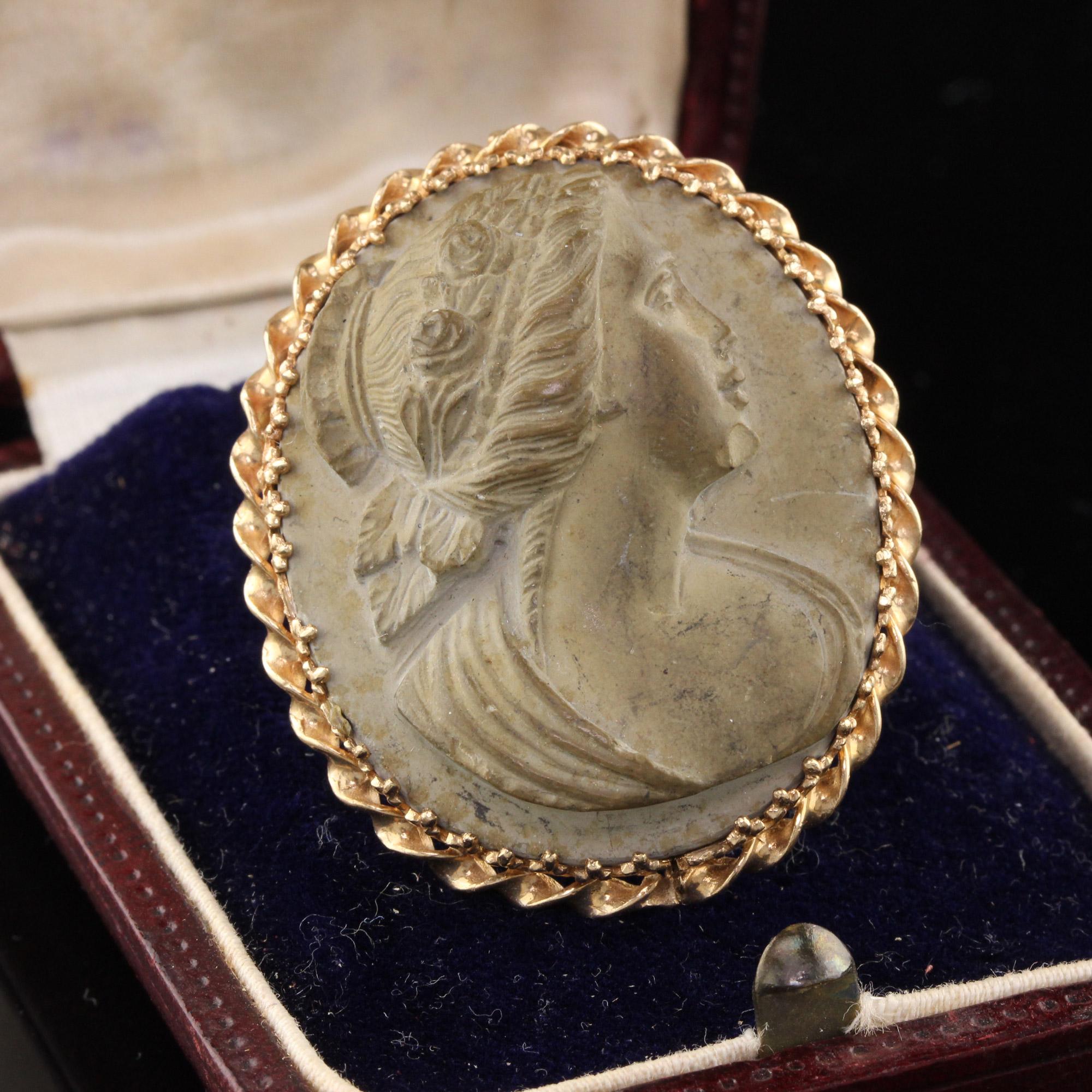 Antique Cameo Carved Stone Pin - Handmade - Amazing!

Metal: 14K Yellow Gold

Weight: 17.1 grams  

Measurement:   The Pin measures approximately 1 3/4 inches long and 1 3/8 inches wide.  

There are some markings on the back of the pin but I can
