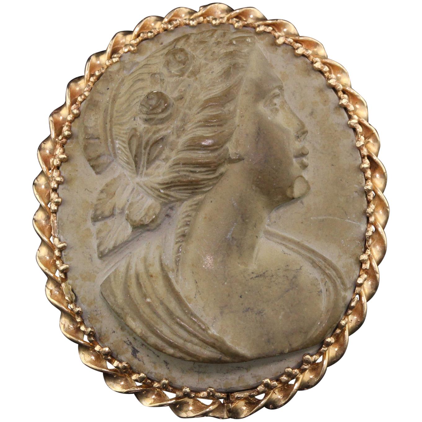 Antique 14 Karat Yellow Gold Cameo Carved Stone Pin, Handmade For Sale