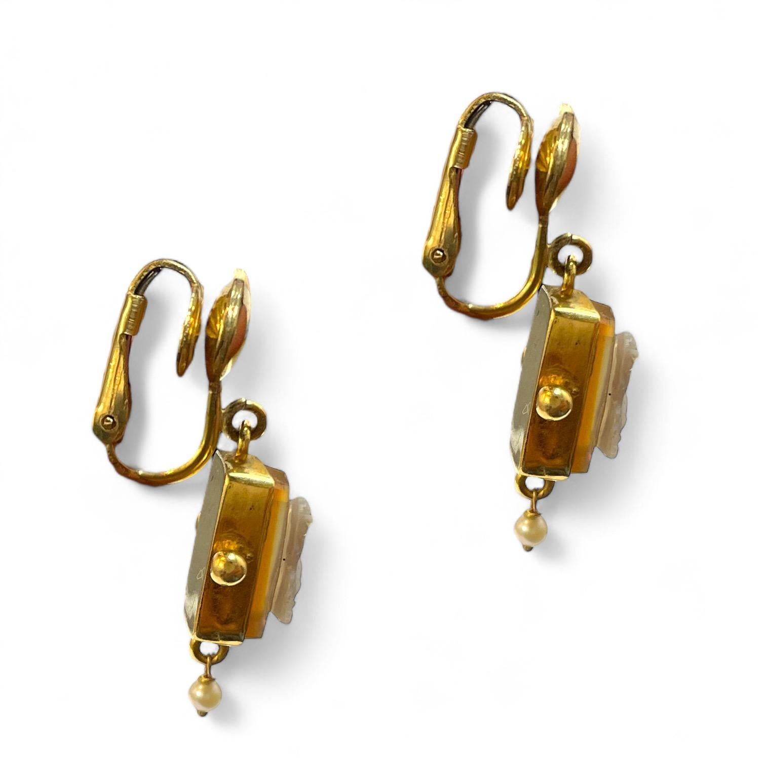 Art Deco Antique 14K Yellow Gold Cameo Drop Earrings For Sale