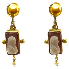 Antique 14K Yellow Gold Cameo Drop Earrings