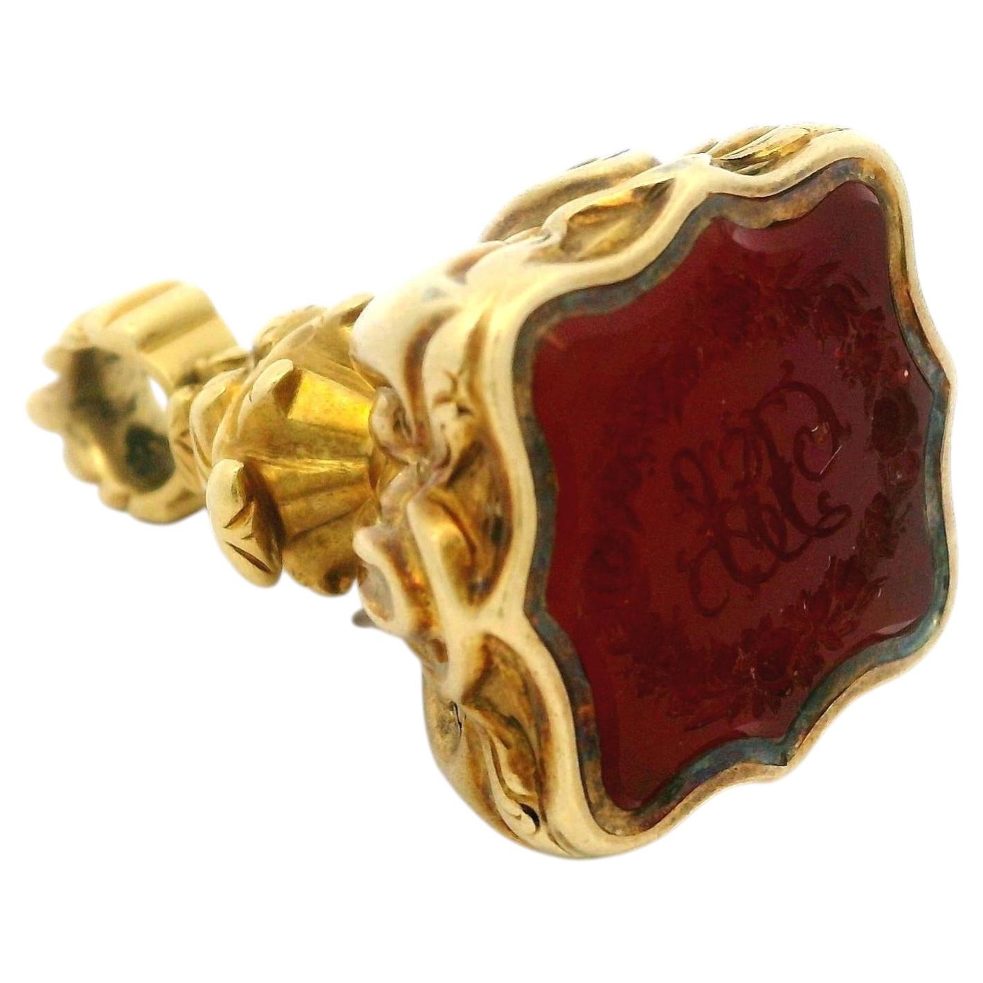 Antique 14k Yellow Gold Carved Carnelian Monogram & Wreath FOB Wax Seal Pendant